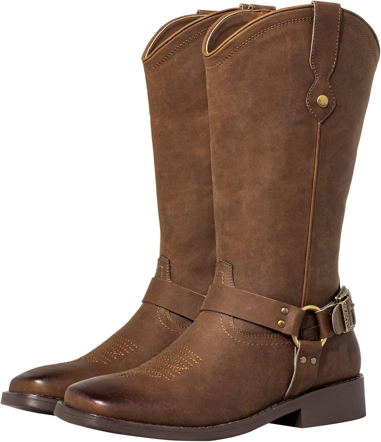 J's.o.l.e Women's Fashion Harness Buckle Strap Wide Calf Cowboy Boots Square Toe Western Riding Cowgirl Boots