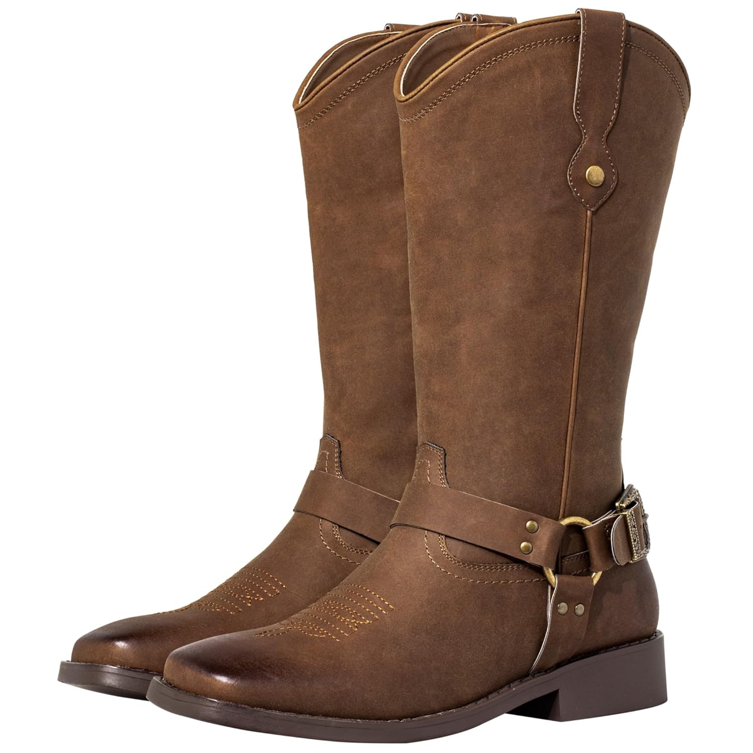 Js o l e Womens Fashion Harness Buckle Strap Wide Calf Cowboy Boots Square Toe Western Riding Cowgirl