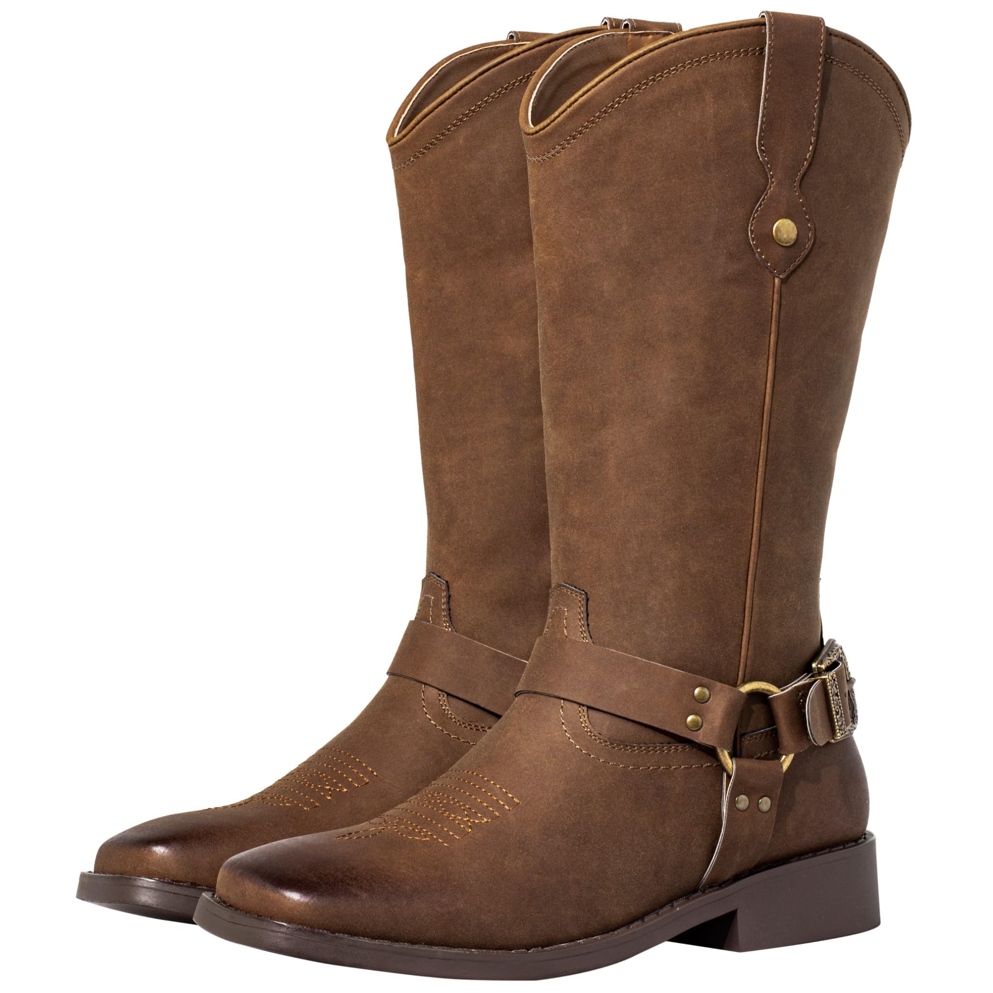 Js o l e Womens Fashion Harness Buckle Strap Wide Calf Cowboy Boots Square Toe Western Riding Cowgirl