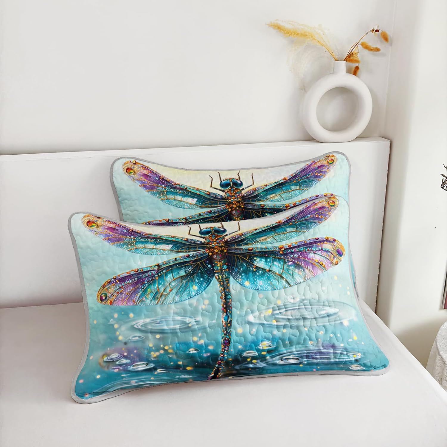 AILONEN Beautiful Dragonfly Quilt Set Queen Size,3Pcs Abstract Diamond Art Soft Bedspread Coverlet with 2 Pillowcases,Bed Cover for Kids Girls Women