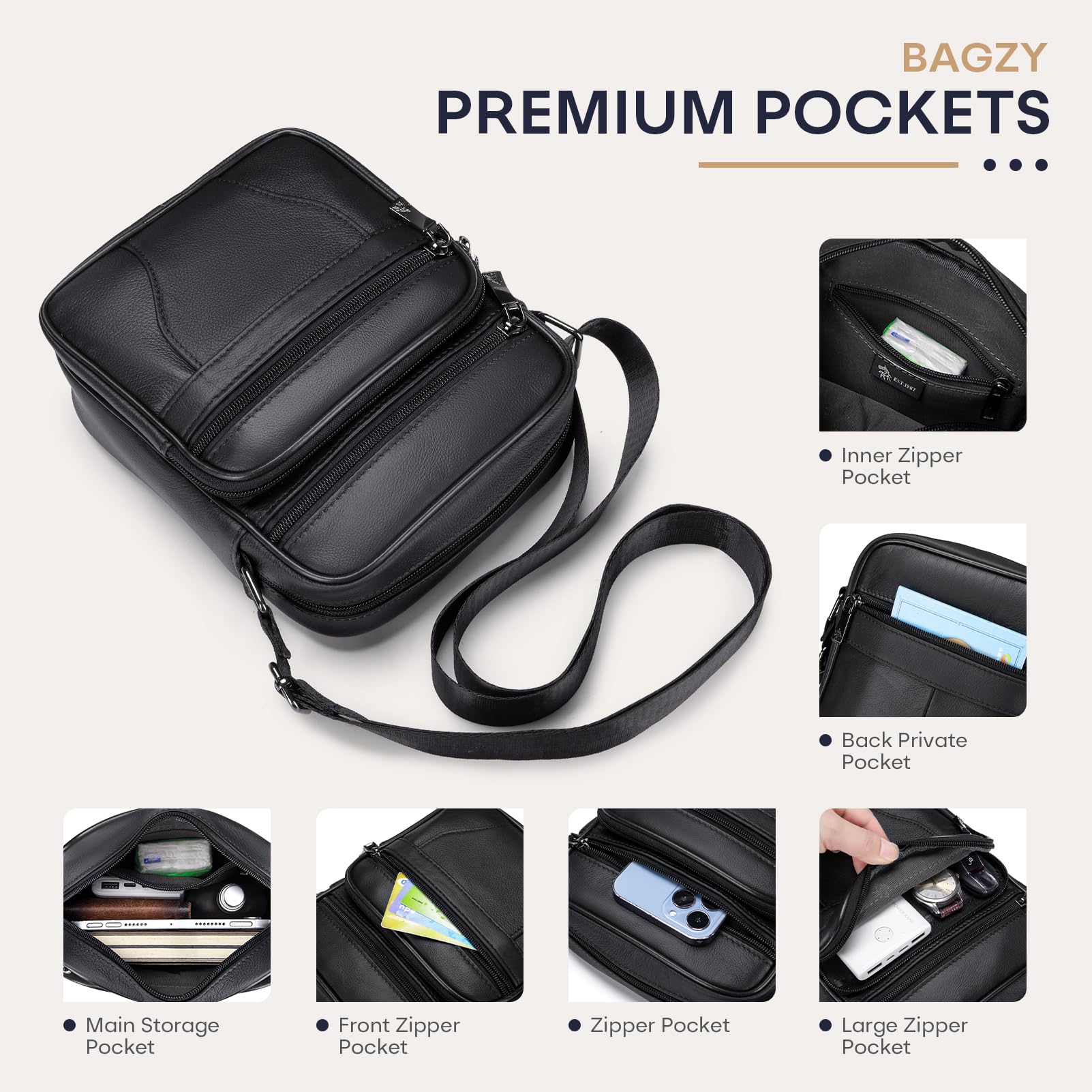 BAGZY Sacoche Homme Bandouliere Sacoche Homme Cuir Veritable Petit Sac Bandoulière Homme Sac Porté Epaule Sacs Business Sacs à Dos Porté Travers Pochettes Sacs à Main Voyage