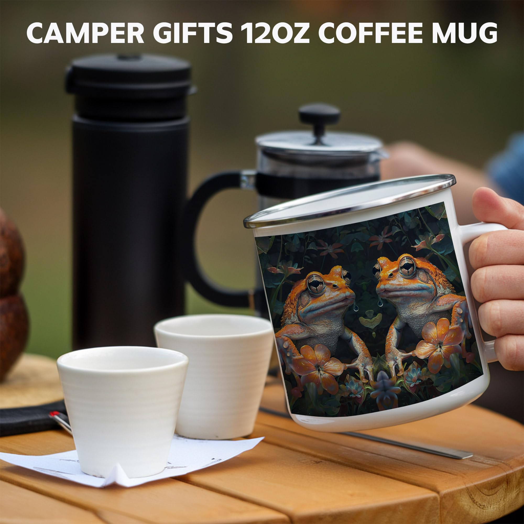 The Home Champs Orange Fantasy Frog Camping Mug, 12oz Mug Enchanted Forest Amphibian Gift for Nature Lovers, Enamel Campfire Cup for Hiking Outdoor Adventures, Botanical Jungle Art Style