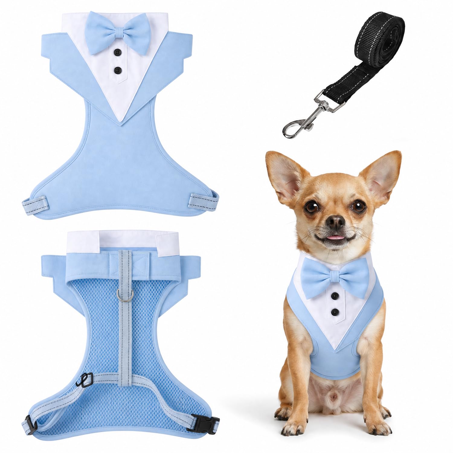 Tuxedo Style Dog Harness with Bow Tie - Wedding Outfit, Secure Step-in No Pull Padded Adjustable for Small Medium Dogs, Puppies, Cats, French Bulldogs(Light blue S)