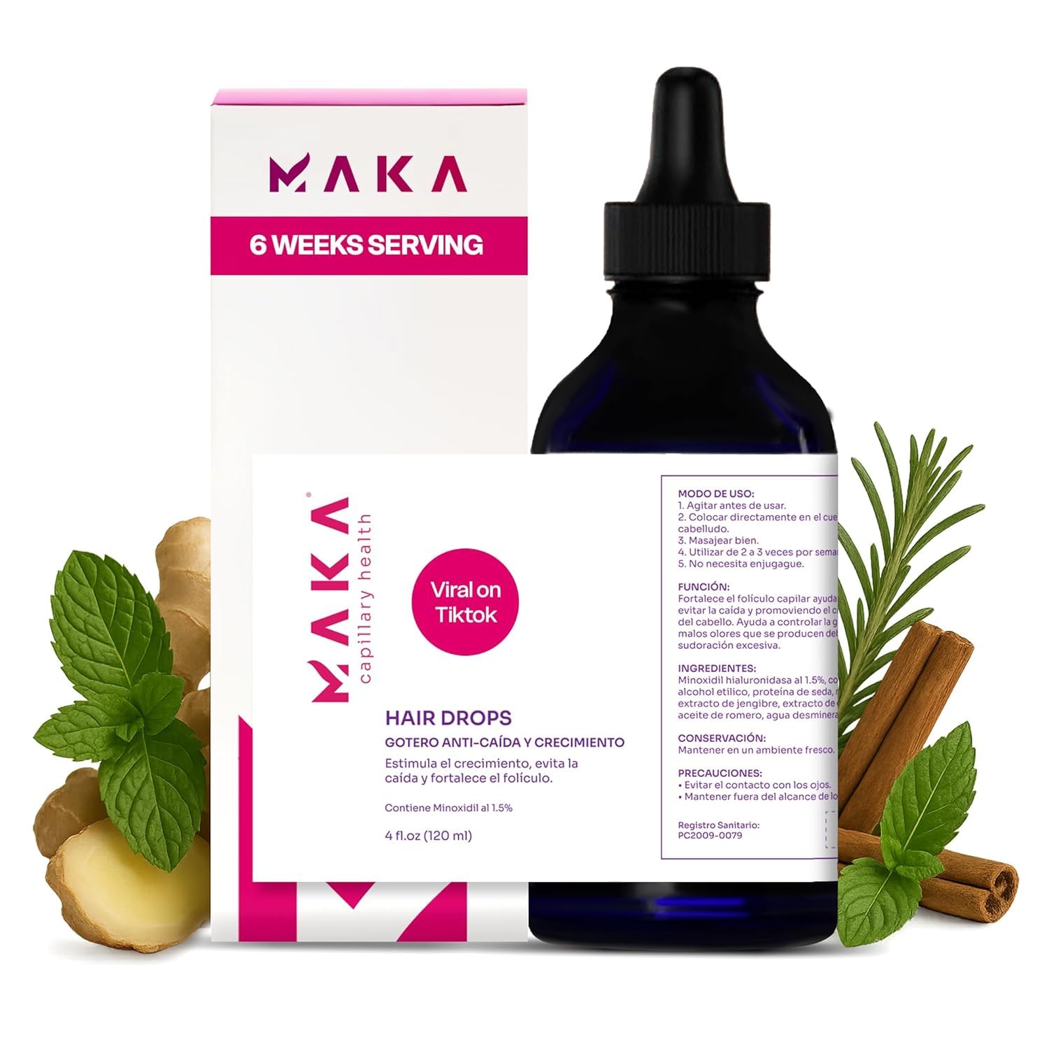 Maka Capillary Hair Growth Drops for Women and Men - Natural Rosemary, Ginger, Cinnamon Ingredients with 1.5% Minoxidil, Anti-Hair Loss and Hair Regrowth Treatment, 4 Oz