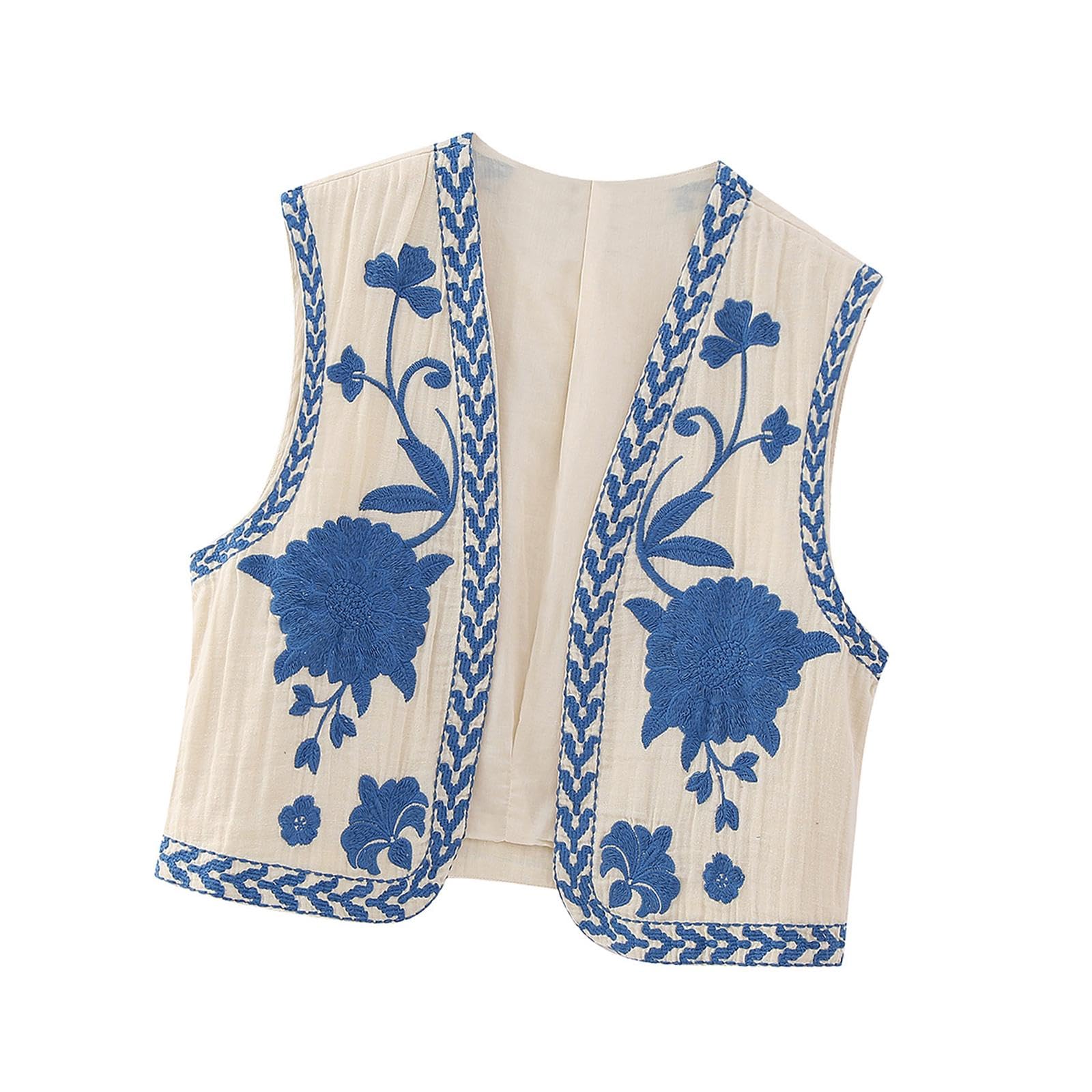calandis ™ Women Floral Embroidery Vest Open Front Jacket Vintage Style Female Crop Top L Blue | Coats & Jackets | Womens Clothing | Clothing Shoes & Accessories-picture-23