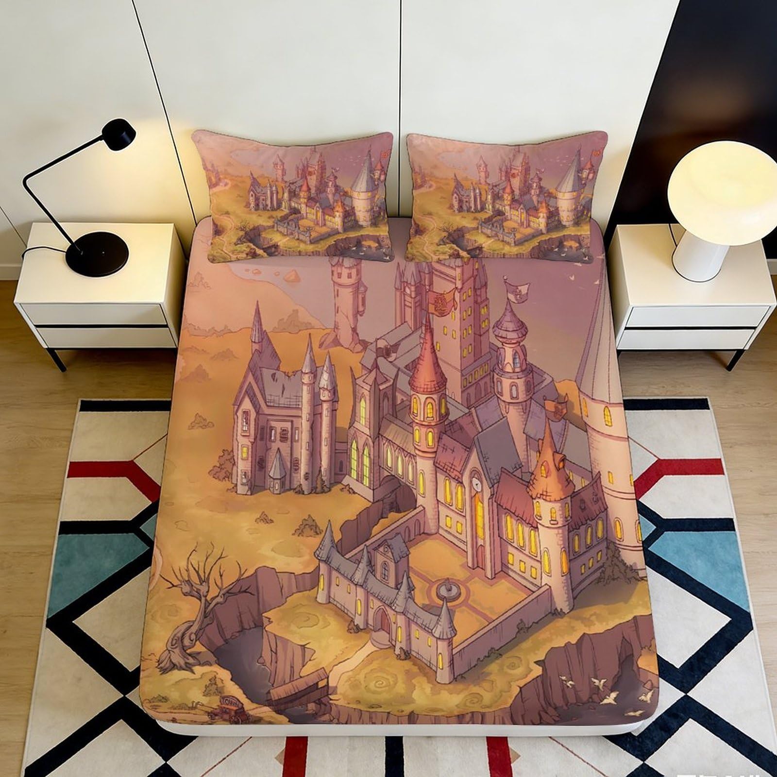 3D Printed Castle Fitted Sheet Microfiber Soft Breathable Fantasy Bed Cover for Bedroom Dormitory Guest Room Mattress Protection Decor 180x200x25cm