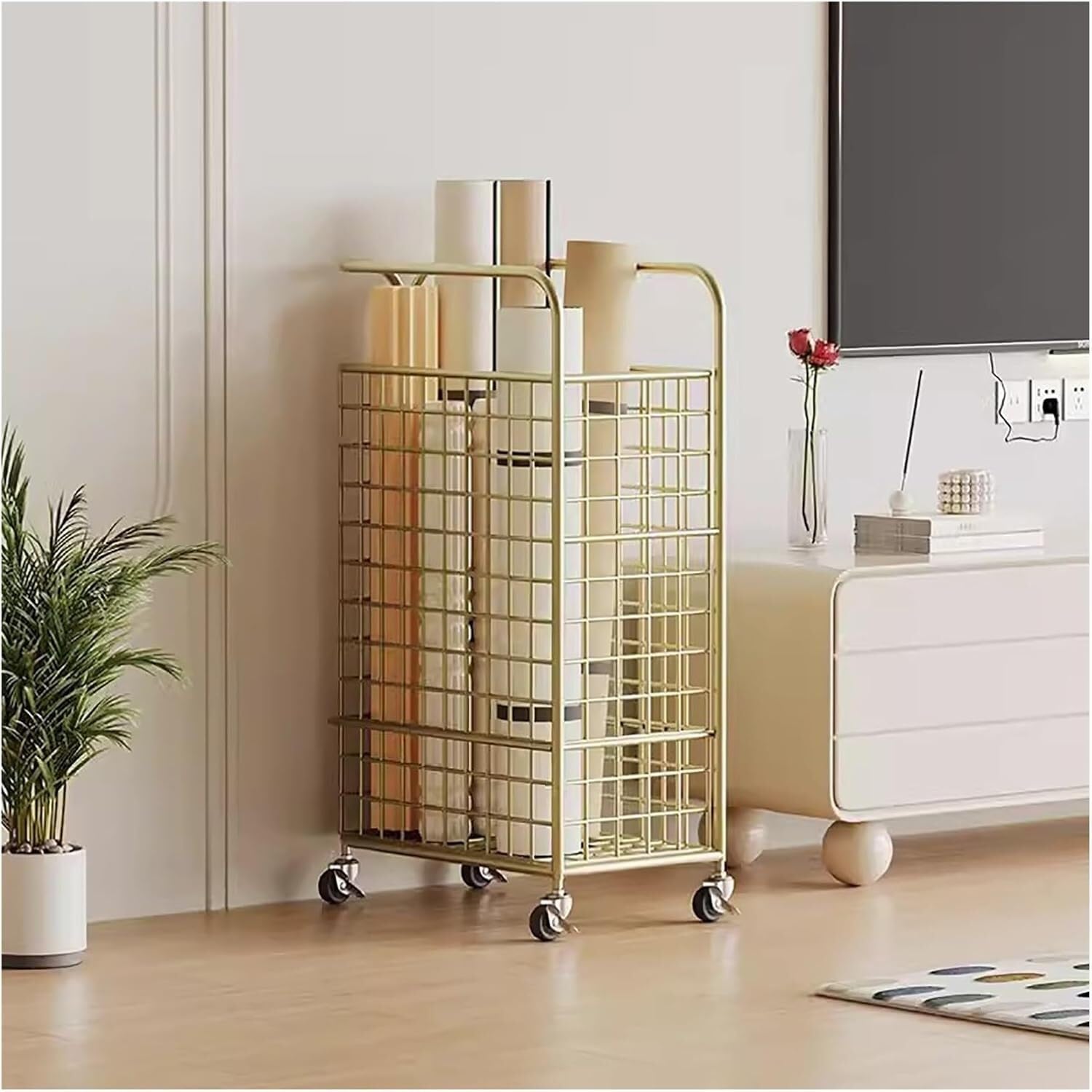 CGCSYZ Yoga Mat Storage Rack Yoga Mat Rack With Wheels, Storage Rack Holder For Foam Roller/Yoga Mats, Home Multifunctional Storage Organizer Fitness Organizer (Gold)