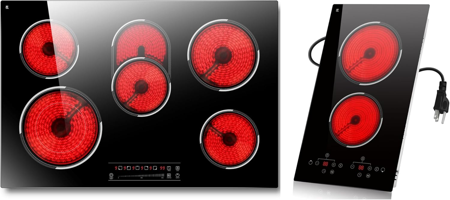 30 Inch Electric Cooktop, 5 Burner 220-240V Hard Wire, 2 Burner Electric Cooktop 12 Inch, 110-120V Plug In