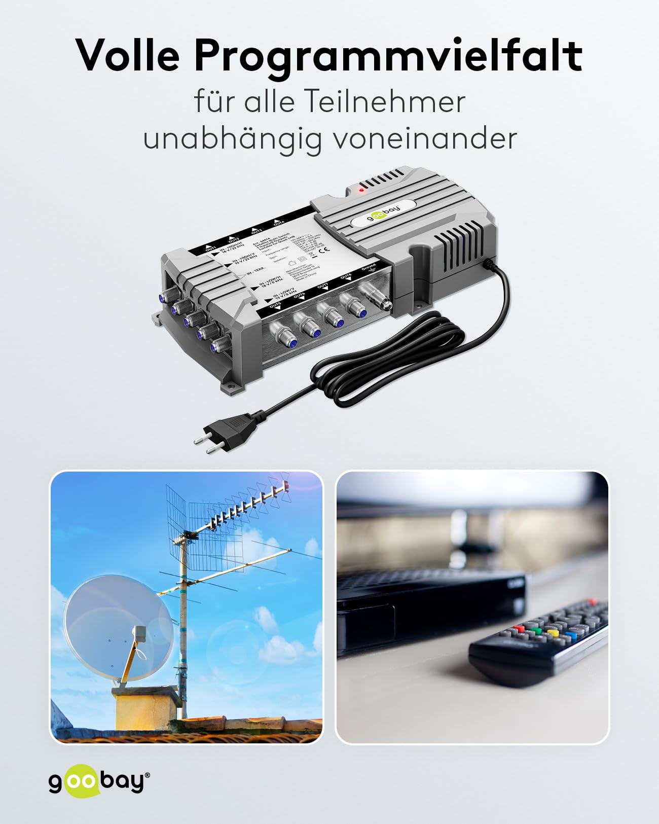 goobay 64874 Multiconmutador satélite/Multiconmutador Compacto / 5 entradas / 8 Salidas / 4K, 8K UHD/Dab+ / para 8 participantes