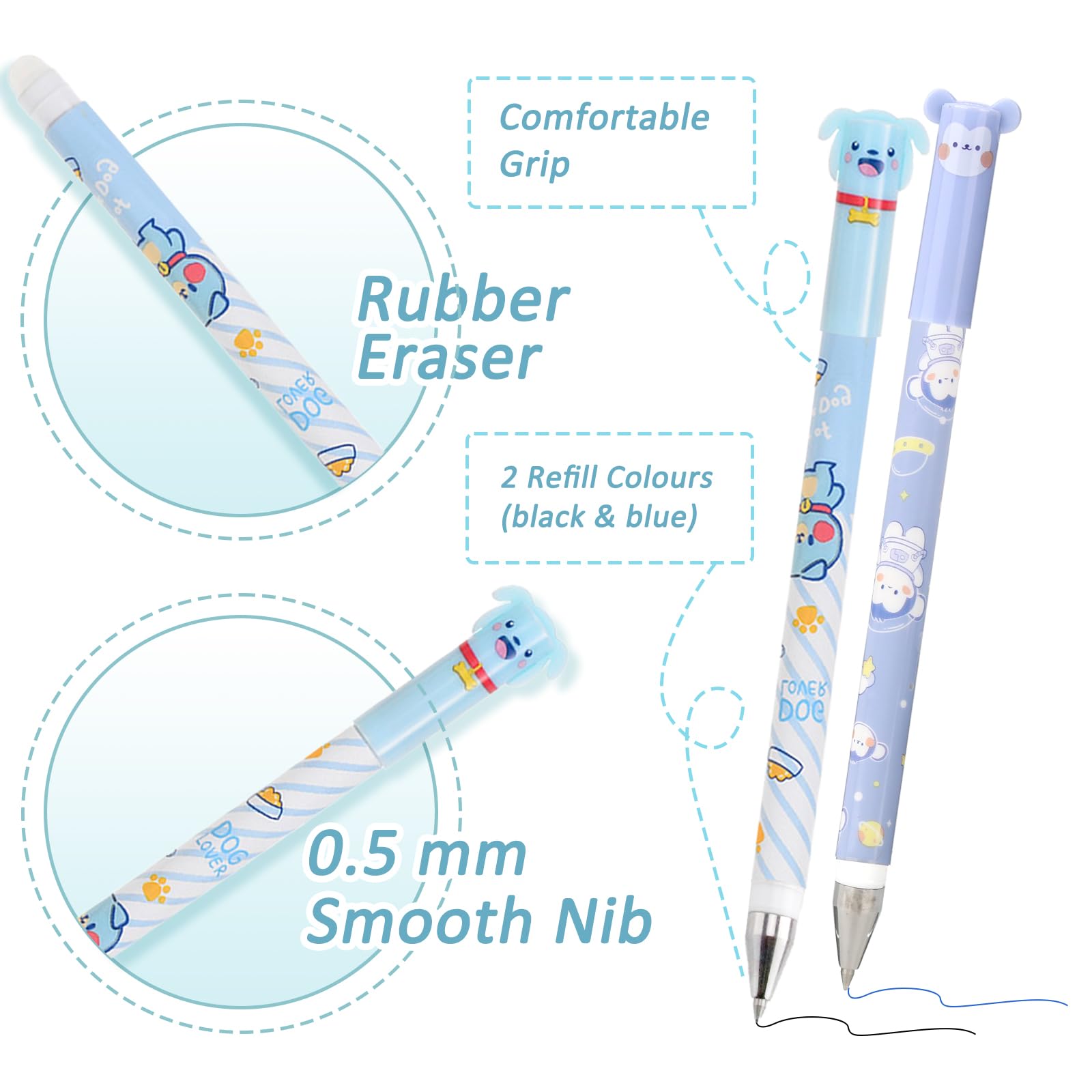 12 unidades de tinta negra y azul de dibujos animados con punta borrable, bolígrafo de gel borrable de 0,5 mm de diámetro de mina, bolígrafo borrable de dibujos animados, bolígrafo borrable para