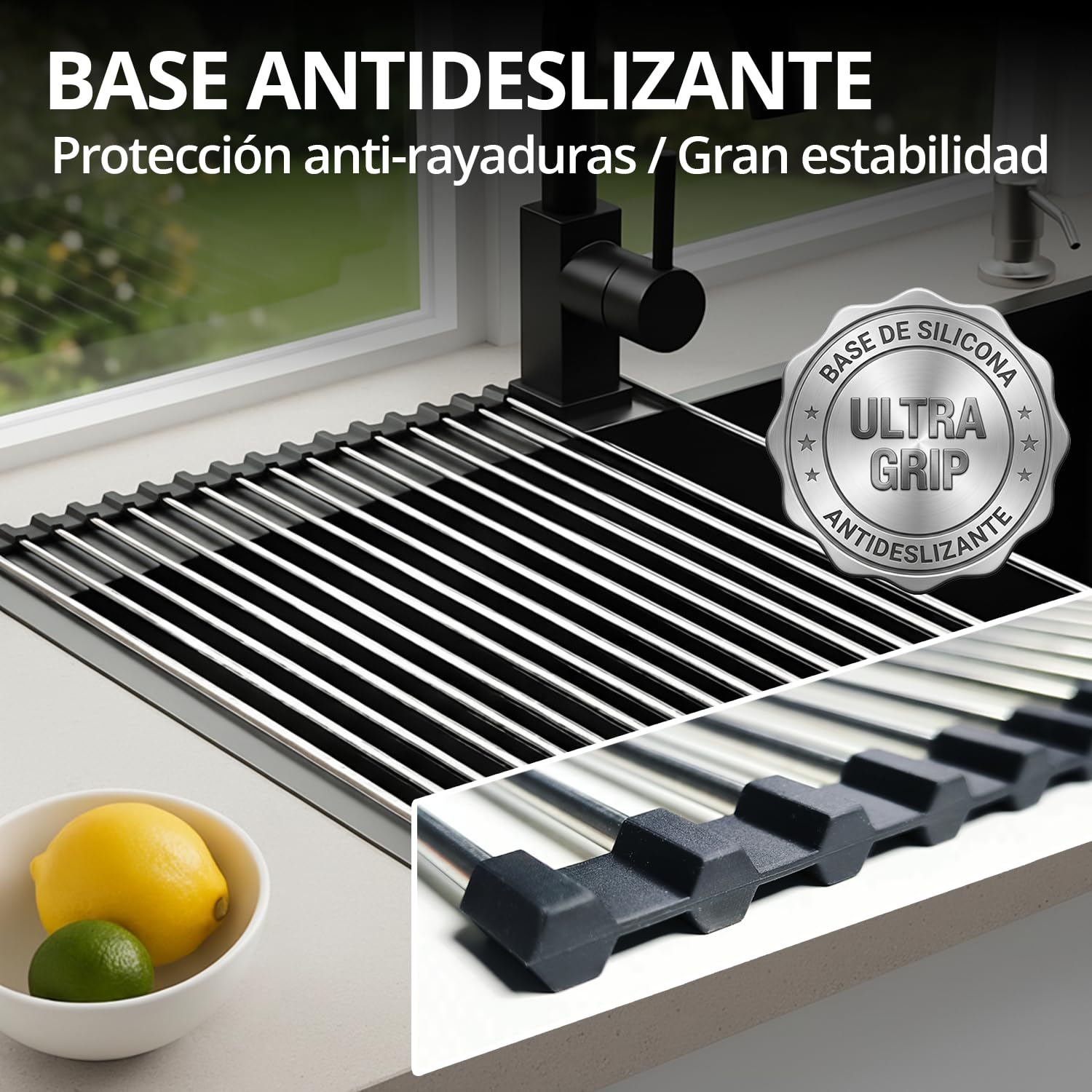 Escurreplatos sobre Fregadero + Soporte Estropajo, Escurridor de Platos y Verduras para Fregadero Plegable y Enrollable (43x35cm), Acero Inoxidable SUS 304 y Silicona, Base Resistente al Calor