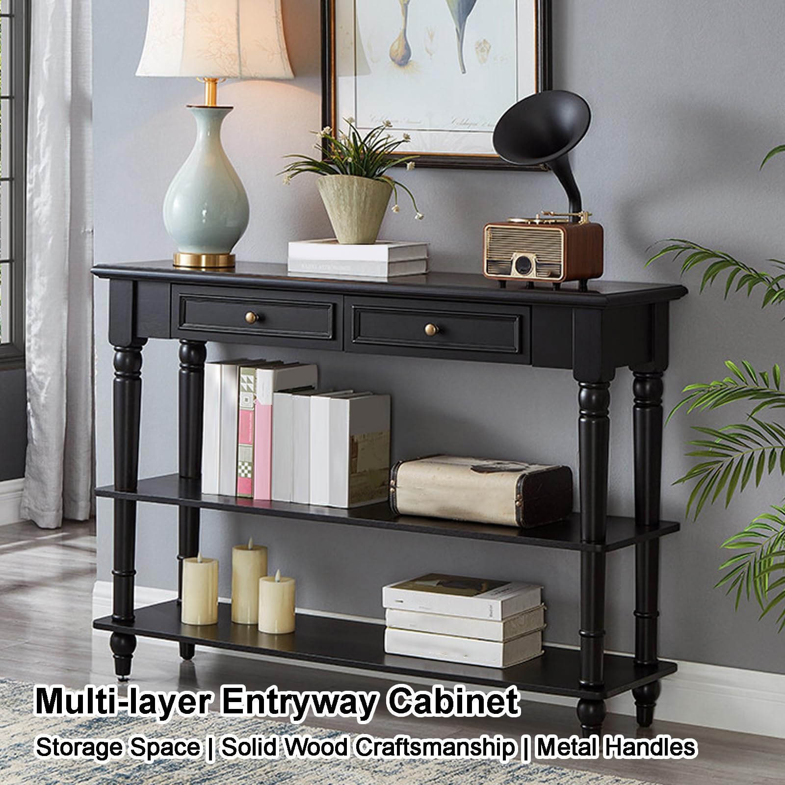 Console d'entrée Noire avec tiroirs et étagère inférieure Ouverte, Table d'appoint en Bois Massif pour entrée, Couloir et Bureau(100cm/39in)