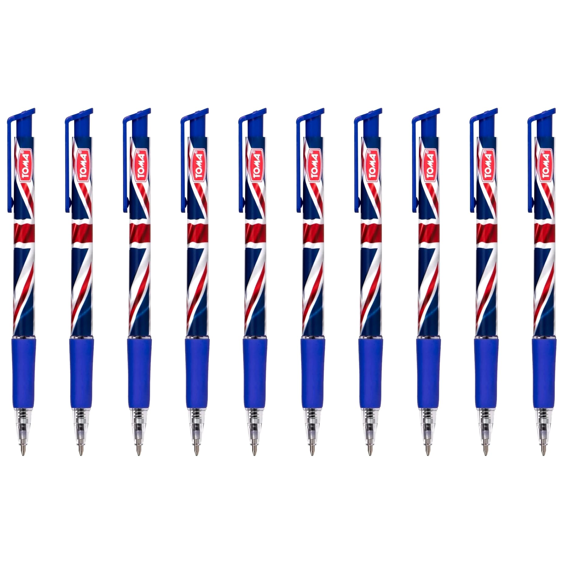 Ballpoint Pens with the United Kingdom Flag/Union Jack Motive, Pack of 10, Blue Ink, Retractable Smudge Free Pens, 0.5 mm Point Size, Ideal for School, Office, Everyday Use, Writing, Sketching