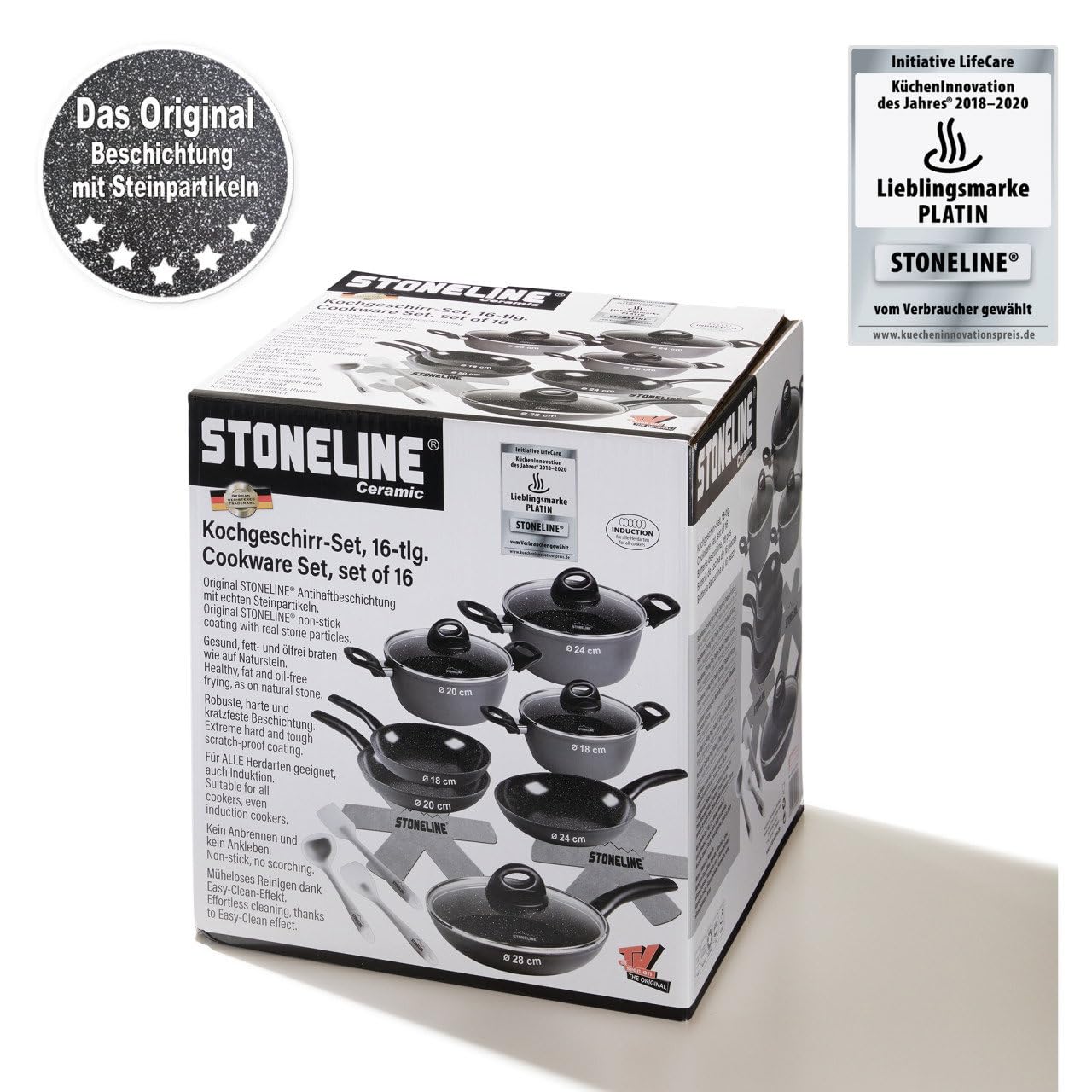 STONELINE Batteria Pentole e Padelle in CERAMICA 16 Pezzi 18/20/24/28 cm, Coperchi Salvapadelle, Rivestimento Antiaderente con Vere Particelle di Pietra Senza PFAS, a Induzione, Tutti i Piani Cottura