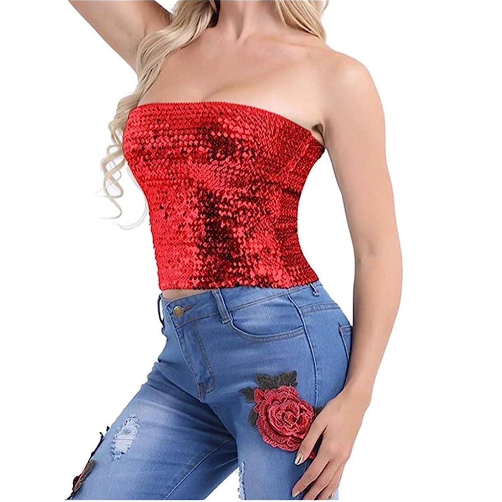 Top con Paillettes Top Corto da Donna a Sirena con Paillettes Scintillanti, Top a Tubo Metallizzati Senza Spalline for Feste e Clubwear