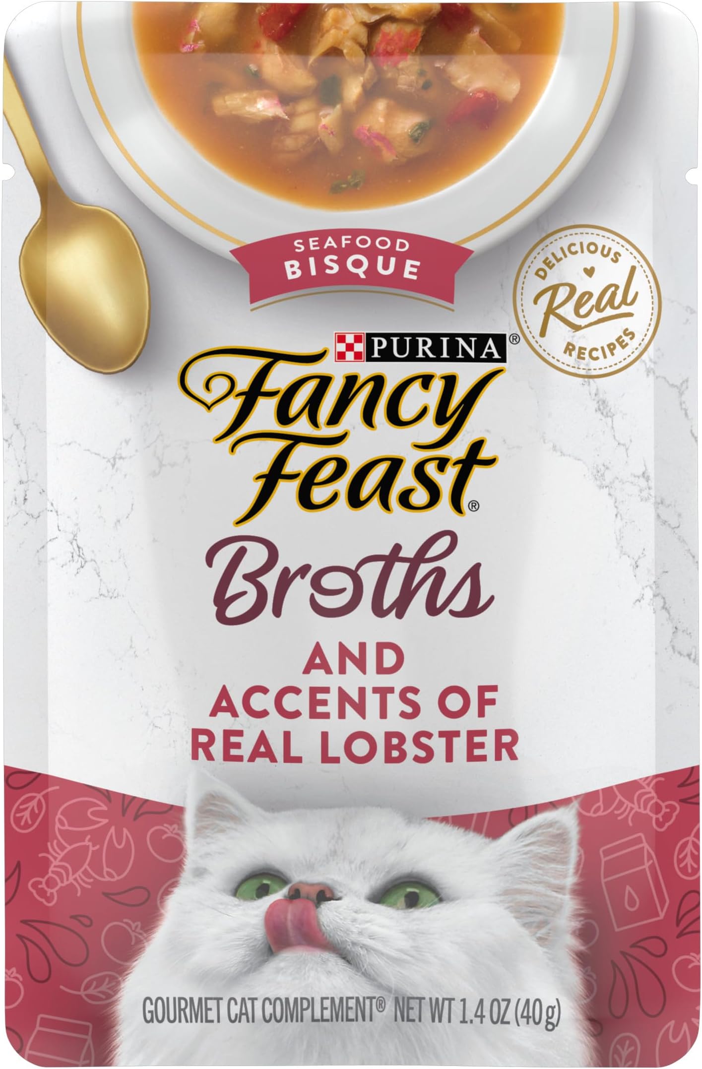 PURINA Fancy Feast Grain Free Cat Food Complements, Broths Seafood Bisque & Accents of Real Lobster - (16) 1.4 oz. Pouches