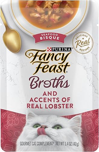 Purina Fancy Feast Lickable - Aderezo en caldo de alimento húmedo para gatos con crema de mariscos y toques de langosta real (paquete de 16