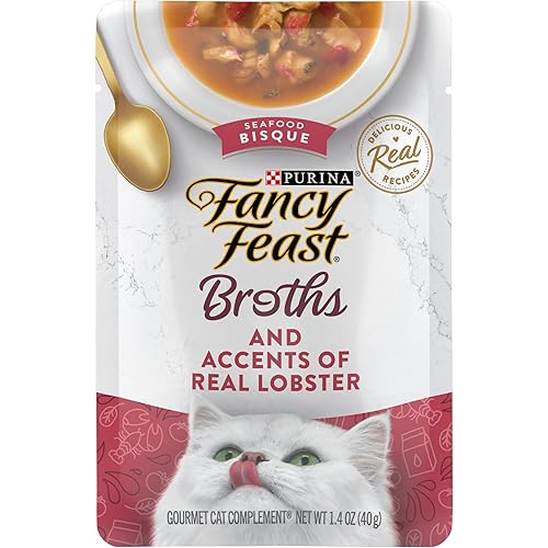 Purina Fancy Feast Broths Seafood Bisque With Accents of Real Lobster Lickable Cat Food Topper, (Pack of 16) 1.4 oz Pouches