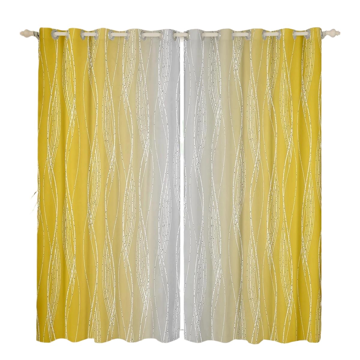 Homewish Yellow Greyish White Blackout Curtains Ombre Yellow And Gray Window Curtains 66" Wx90 L Abstract Gradient Geometric Curtains & Drapes Silver White Wavy Line Window Treatments 2 Panels