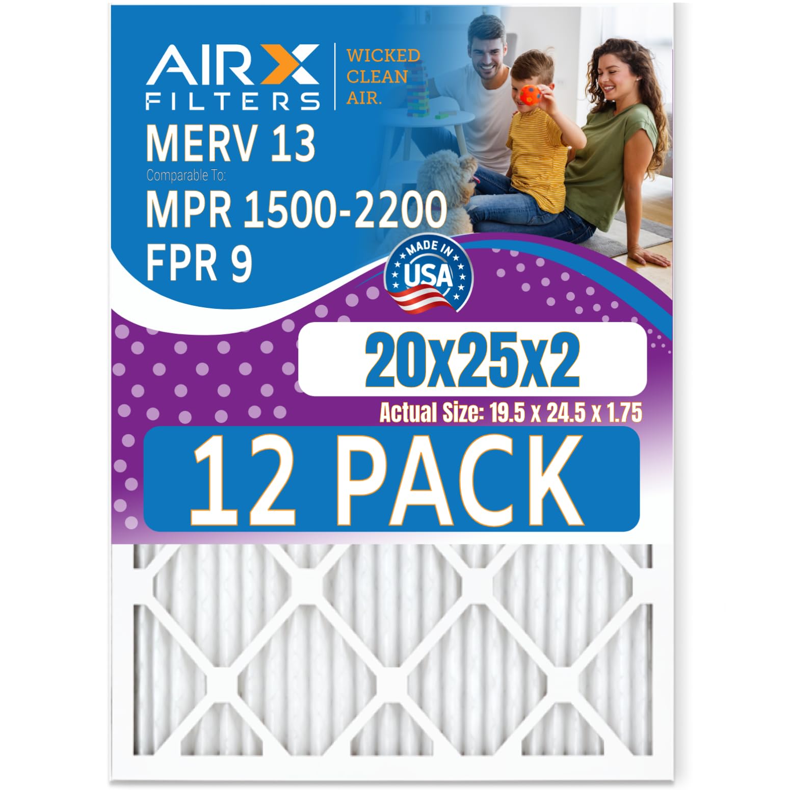 20x25x2 Air Filter MERV 13 Rating, 12 Pack of Furnace Filters Comparable to MPR 1500-2200 & FPR 9 - Made in USA by AIRX FILTERS WICKED CLEAN AIR.