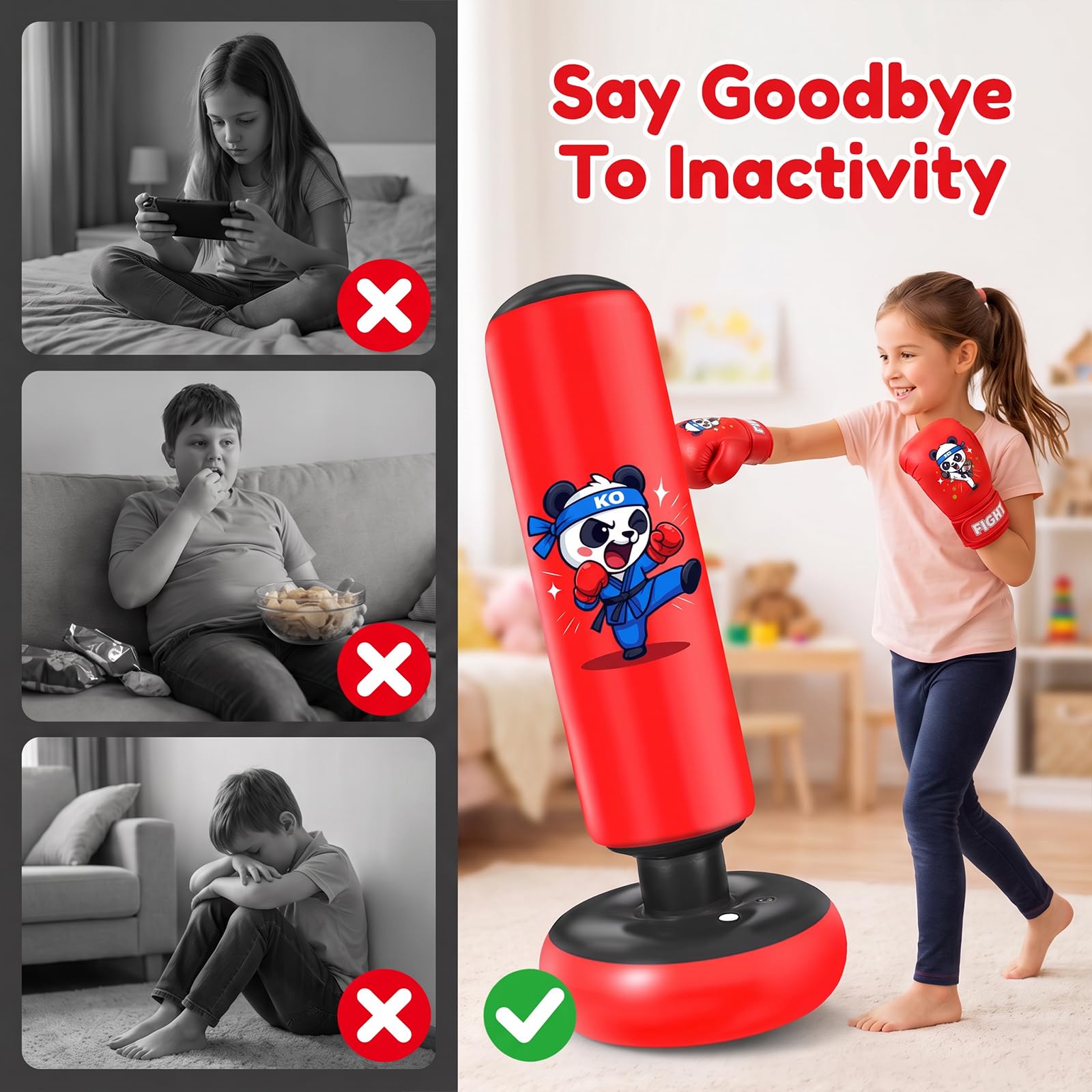 Ninonly Sacco da Boxe 130cm con Guanti e Pompa per Bambini 3-8 Anni | Sacco da Boxe da Terra Gonfiabile, Punchball per Karate MMA Taekwondo, Gioco Fitness per Allenamento a Casa, Design Panda