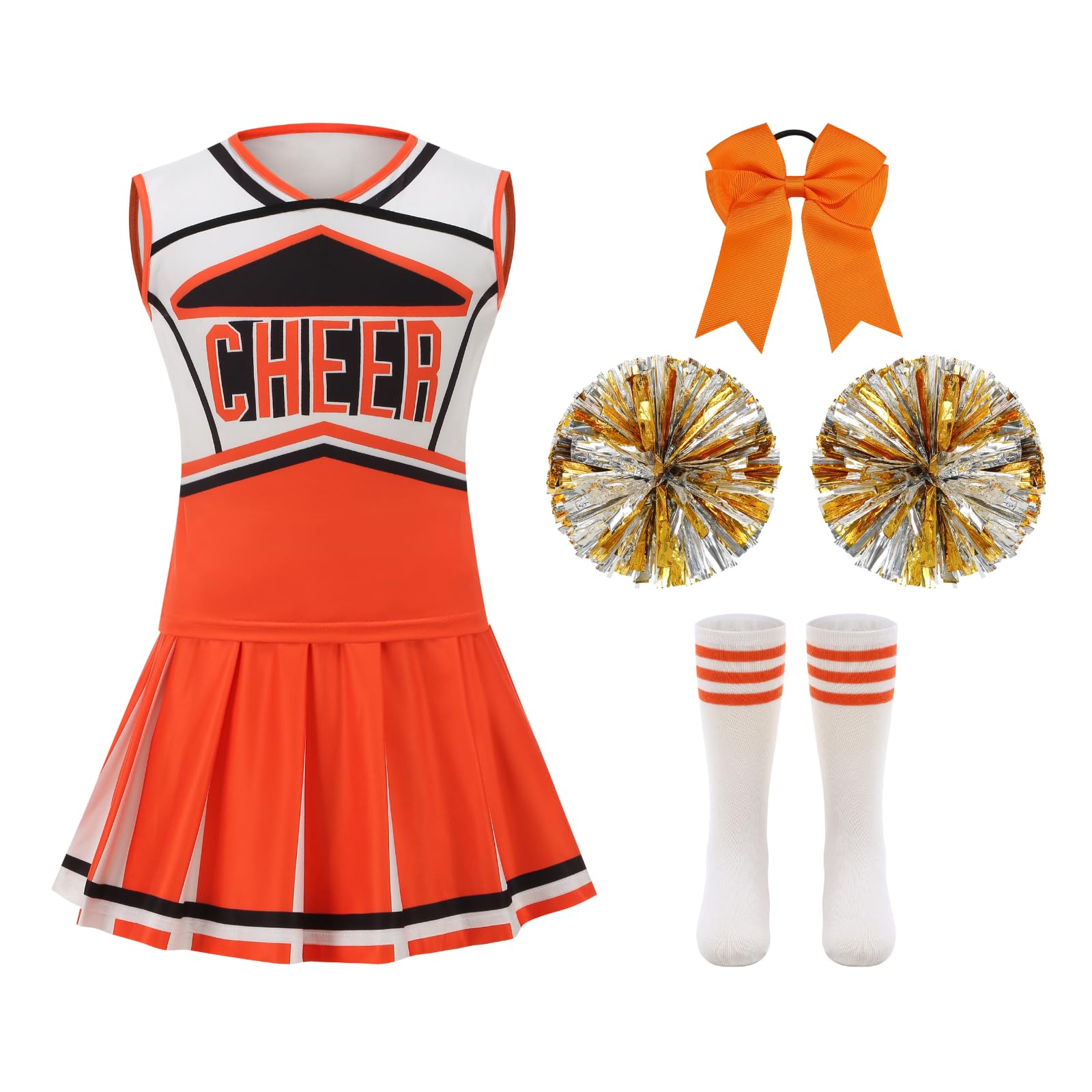 HAPNBCELE Cheerleader Costume for Girls, Cheerleading Outfit with Bow, Pom Poms, Socks, Kids Cheer Uniform Halloween Birthday Party Performance World Book Days 3-14 Years (Orange, 12-14 Years)