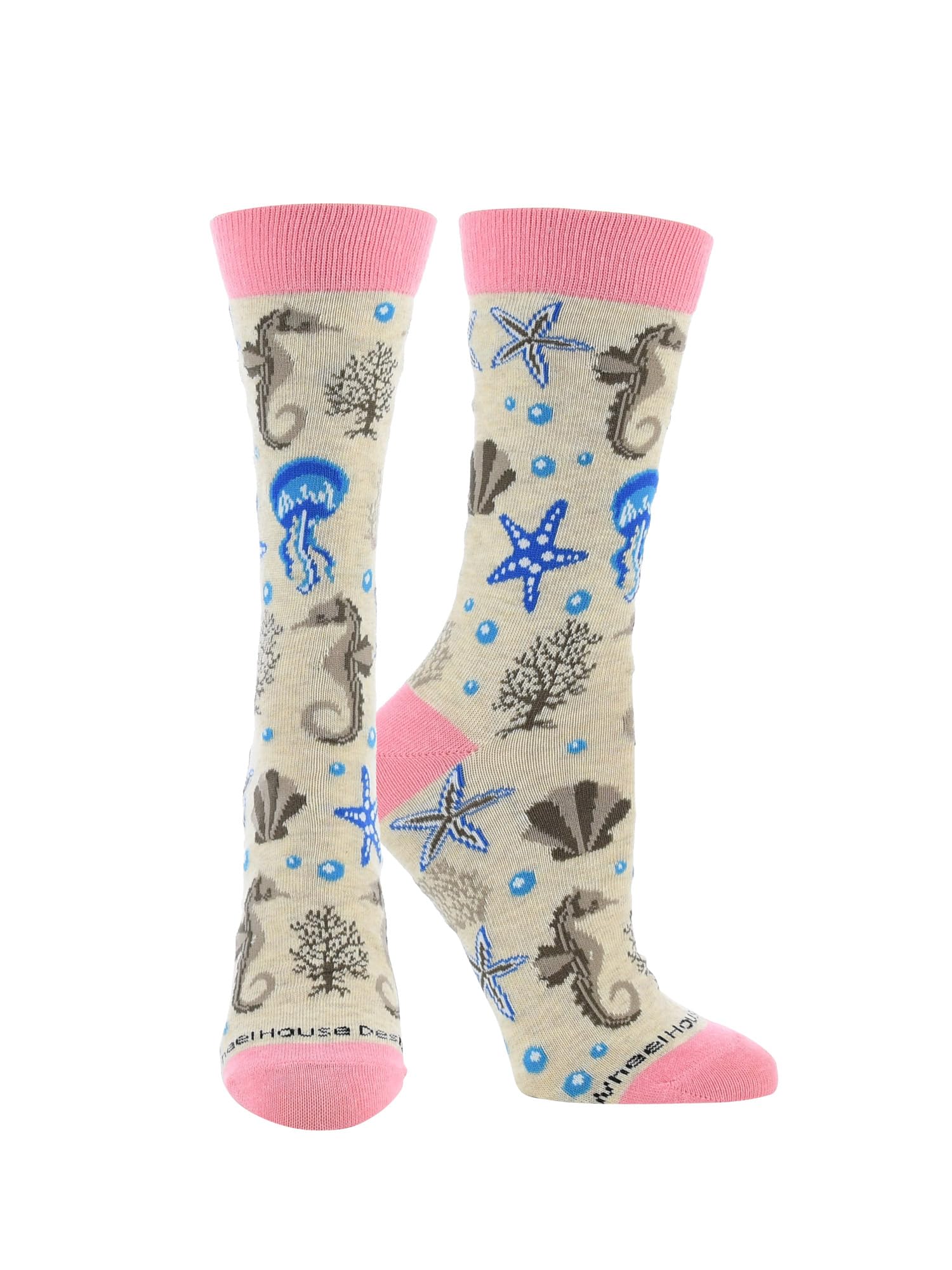 Ocean Life and Sea Creature Socks Socks for Women Gift for Ocean Lovers Seahorse Socks Jellyfish Socks Starfish, Oatmeal, M