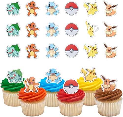 DecoPac Anillos Pokémon, decoraciones de cupcakes con Pikachu, Bulbasaur, Eevee, Charmander, Squirtle y Poké Ball, adornos multicolores seguros