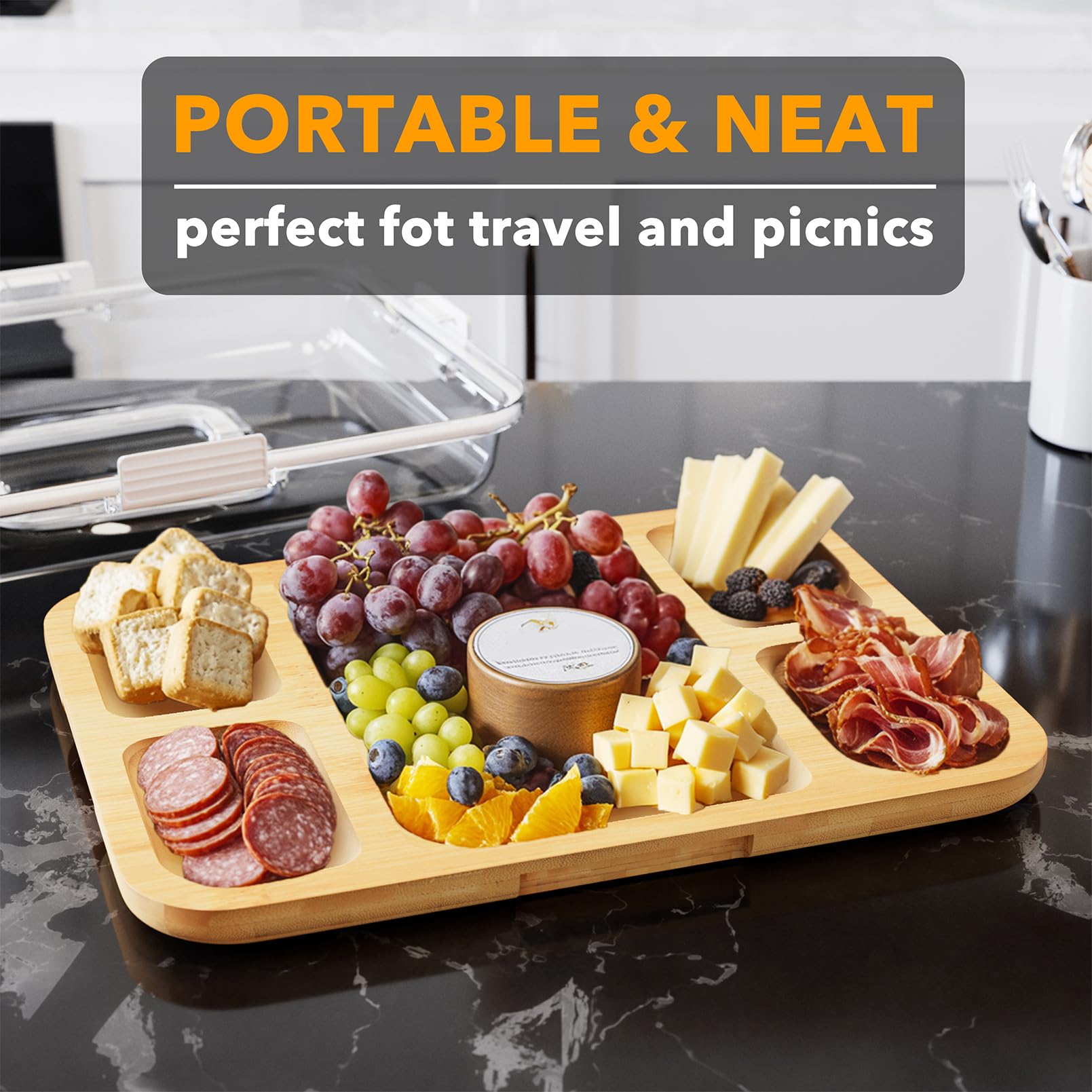 SpaceAid Tabla de charcutería con tapa transparente, tablas de cortar de queso de viaje portátiles para accesorios de picnic, bandeja de servir de bambú con tapas, regalos de inauguración de la casa