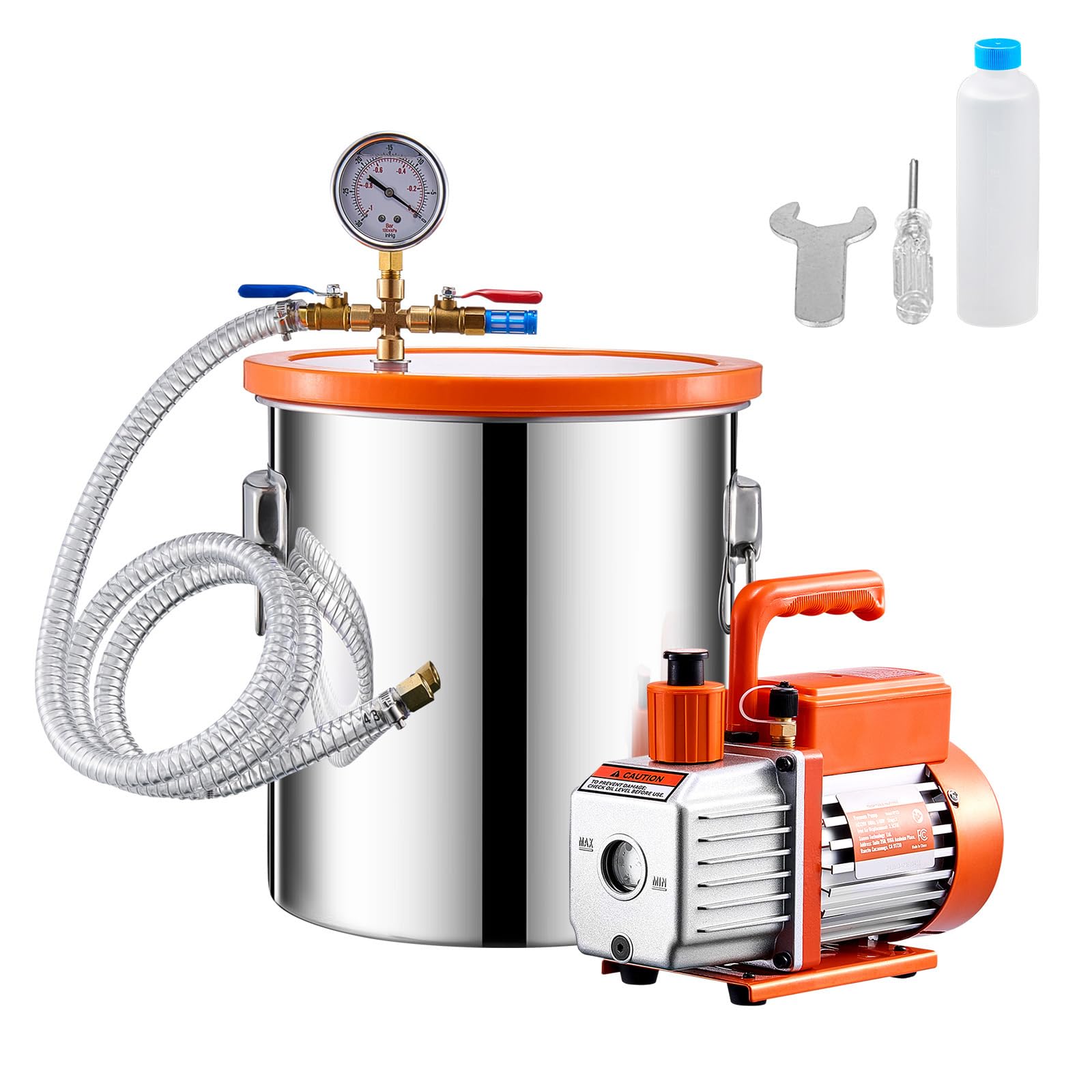 Happybuy 5 Gallon Vacuum Chamber and 3.5 CFM Pump Kit, Stainless Steel Chamber, Single Stage Degassing Chamber Kit with Acrylic Lid, Oil, 4.92 ft Hose, for Degassing Resin Silicone Epoxies