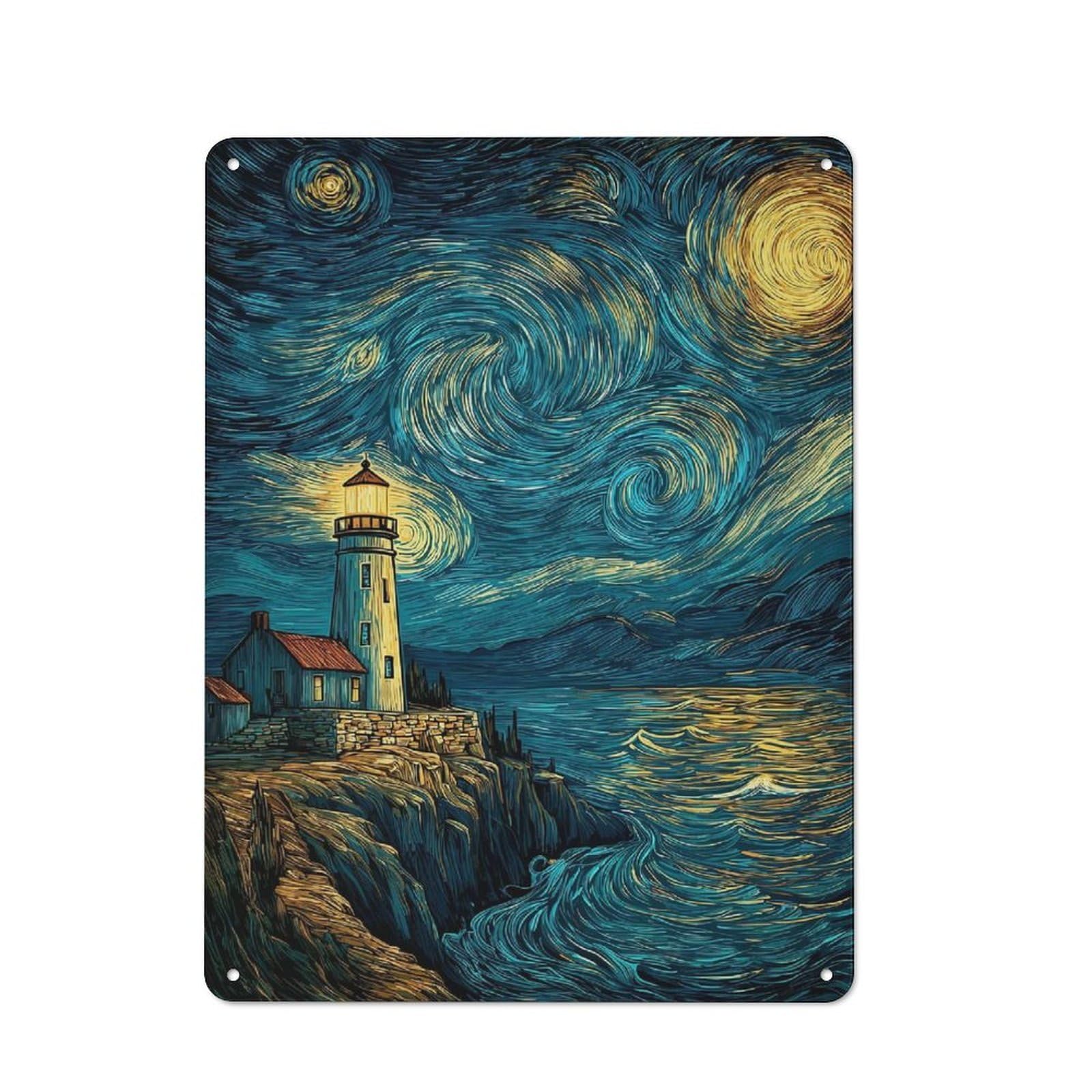 Junmoney Style-21 Tin Wall Plaque 40X30cm With Lighthouse At Night With Swirling Sky For Hallway Wall, Suited To Wall Displays In Hallways And Entrance Areas