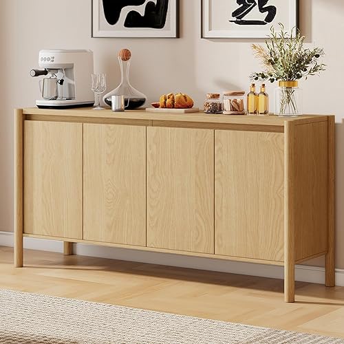 CHUWELL Armario aparador  Armario de almacenamiento de buffet de mediados de siglo de 59 pulgadas con 4 puertas, estantes ajustables y 4 patas