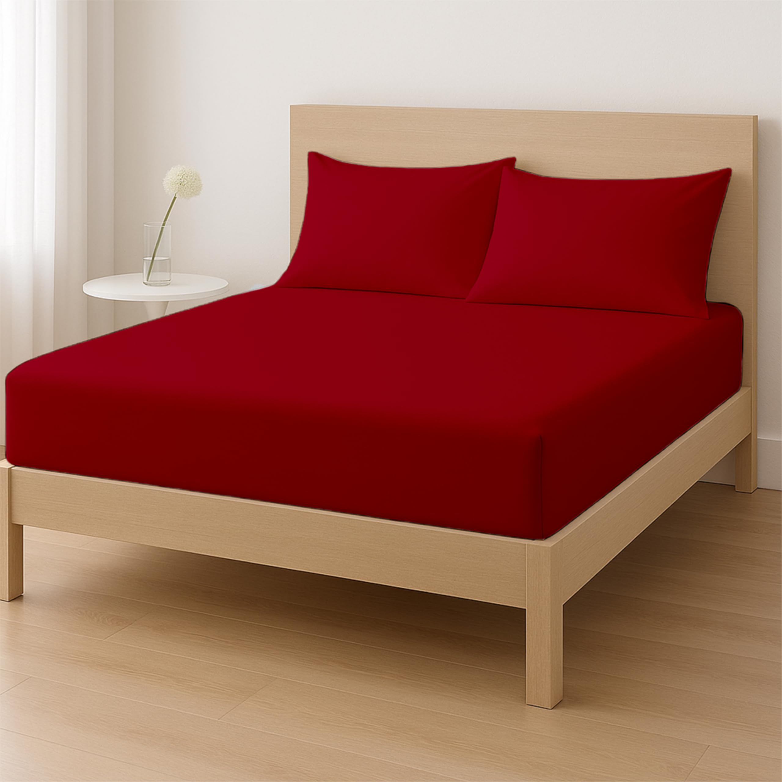 Rohi Super King Fitted Sheet Set – 25cm Deep with Elasticated Corners – Soft & Breathable Cotton Blend Fitted Sheet with Pillowcases – Shrink & Fade Resistant – Bed Sheet Set (Red, Super King)