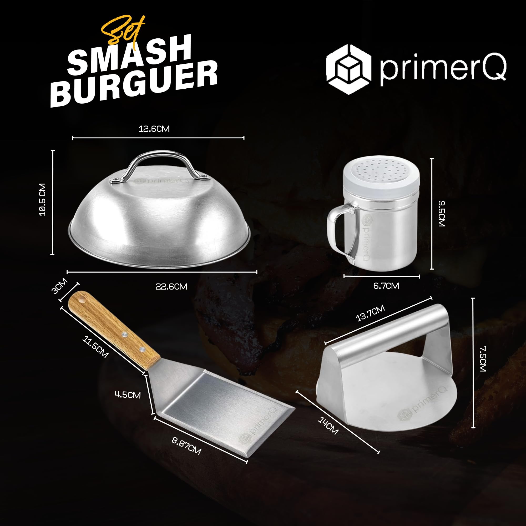 Smash Burger Set XL Profesional - Kit 5 Piezas utensilios de Acero Inoxidable + 50 Papeles Antiadherente - Certificado EU alimenticio - Prensa Hamburguesa - Smasher Premium -mazos carne