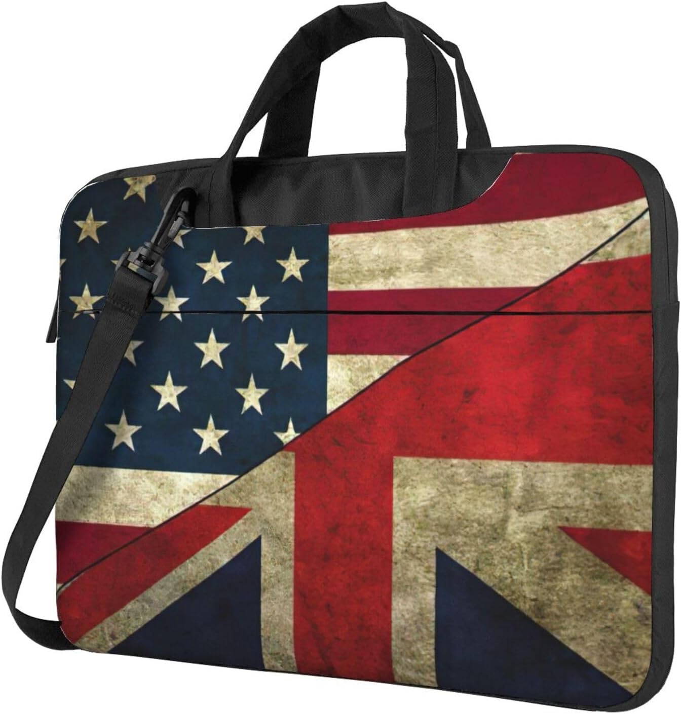 USA Uk Flag Print Laptop Shoulder Bag Messenger Bag Notebook with Accessories Pocket 13/14/15.6 inch, Black, 15.6 inch