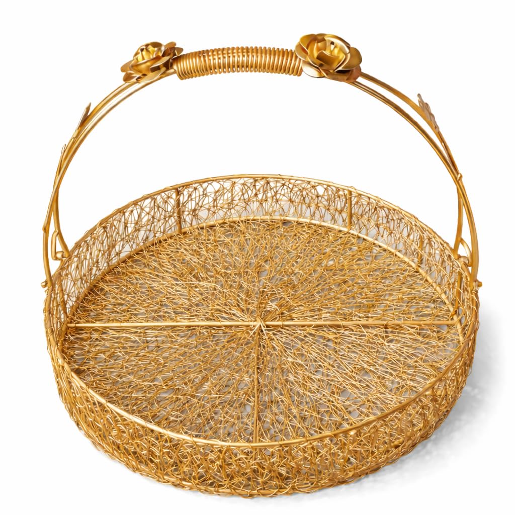 Metal Meshwire Hamper Shagun Round Shape Basket/Tray Platter For Packing & Serving Fruits, Sweets & Gifts (12 Inch), Gold