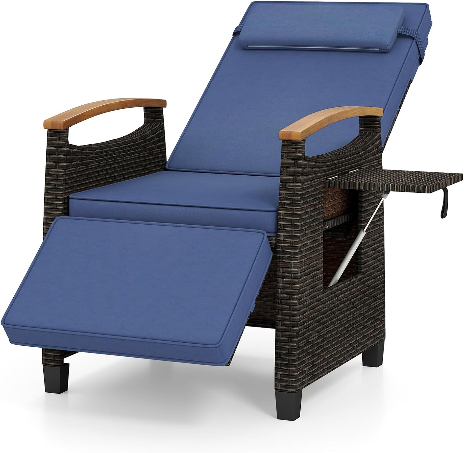 HAPPYGRILL Outdoor Rattan Wicker Chaise Lounge, Recliner Chair with Adjustable Backrest & Footrest, Outside Seat with Flip Table for Backyard, Porch, Balcony