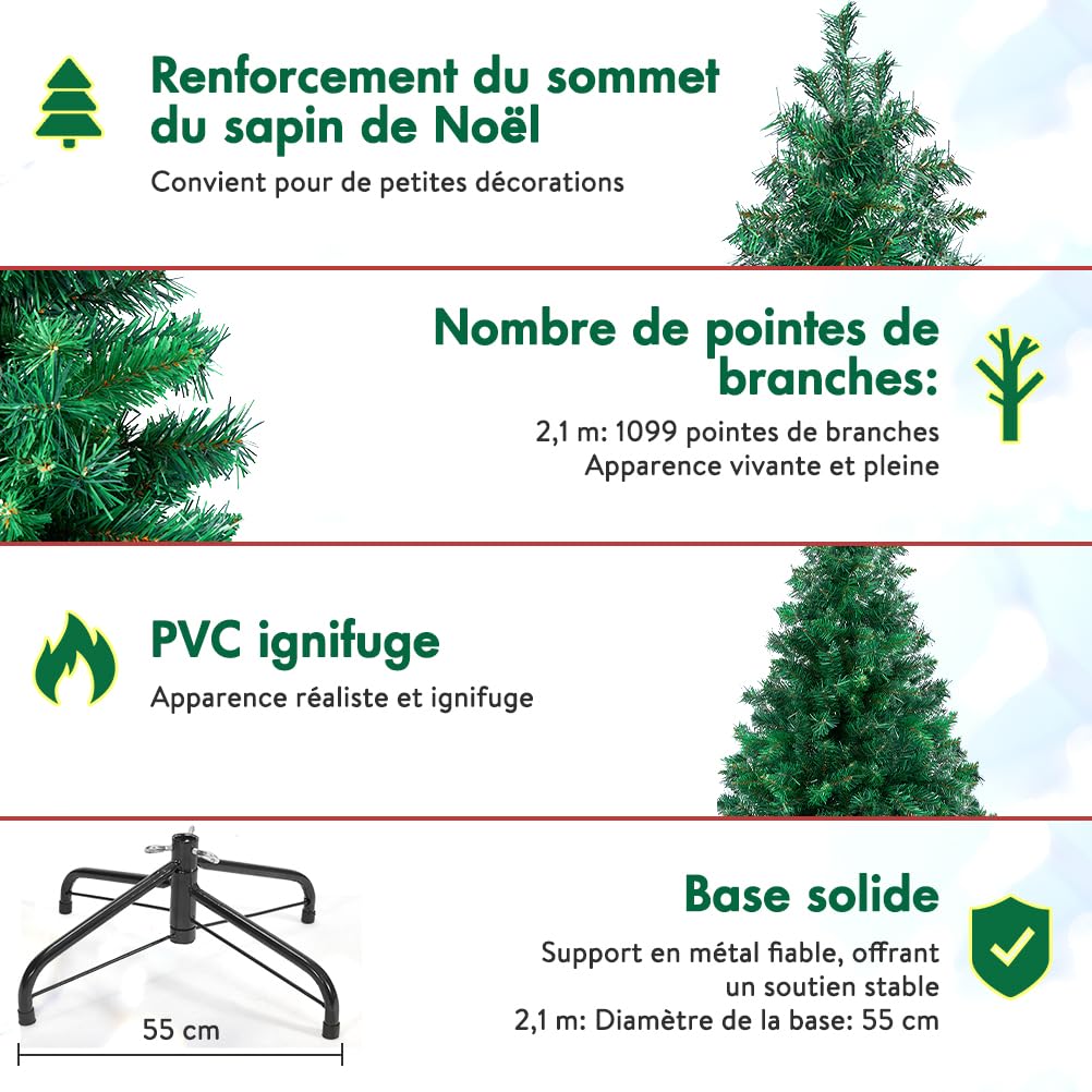 OUSFOT Vert Sapin de Noel, 1099 Branches Sapin de Noel Artificiel 210cm, avec Base en Métal Matériau PVC,Convient pour Le Salon,Chambre,Bureau