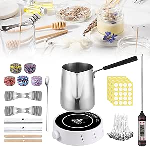 Fondeur à Cire électrique 1L - Kit Fabrication Bougies DIY - Thermomètre, Mèches, Supports Inclus