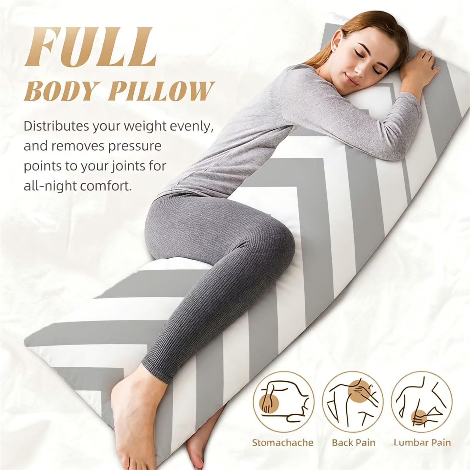 Funda de Almohada 60 x 180 cm Gris Protector Almohada 180 cm con Cremallera Invisible, Lino Durable y Transpirable Pillow Case Largas Raya Impresión a Doble Cara para Cama, Sofá y Dormitorio dg-636