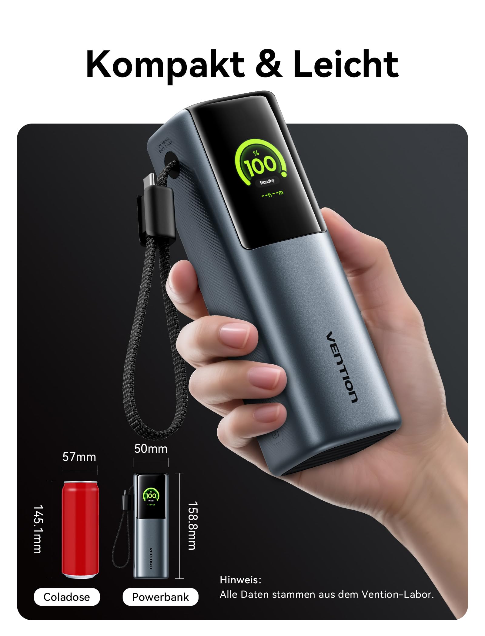 VENTION Power Bank 27000mAh 200W, batería externa carga rápida Con pantalla digital y Emoji, Cable USB-C integrado, 2× USB-C + USB-A, para MacBook Pro, iPad, Dell/HP, iPhone 17/16/15, Galaxy