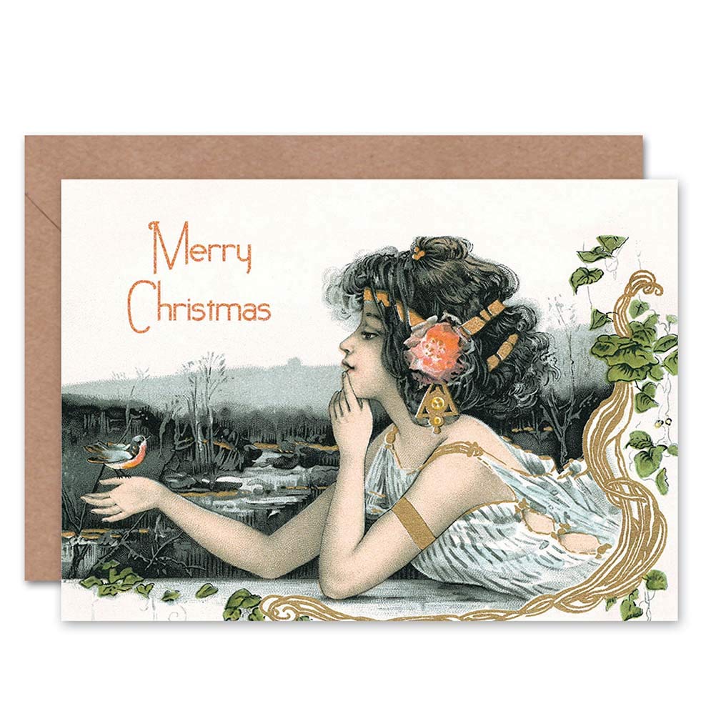 Christmas Xmas Nouveau Girl Bird Blank Greeting Card With Envelope