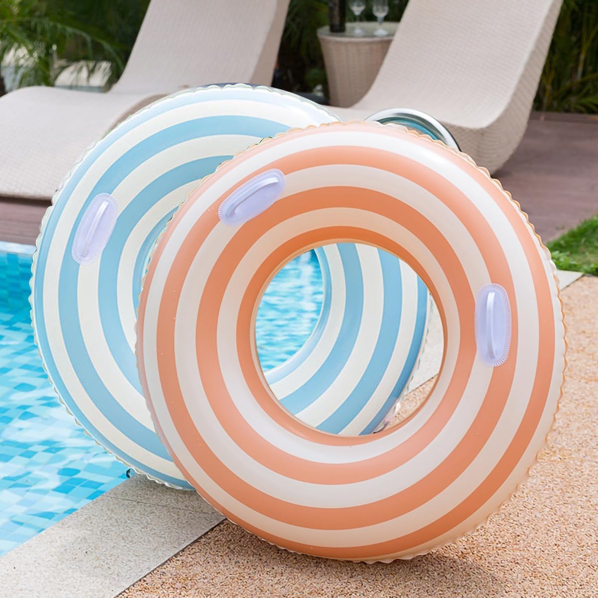 2 PCS Striped Pool Floats for Adults Swimming Rings Tube with Handles -Inflatable Pool Float Tube for Adults Pool Floats for The Beach, Party, Vacation