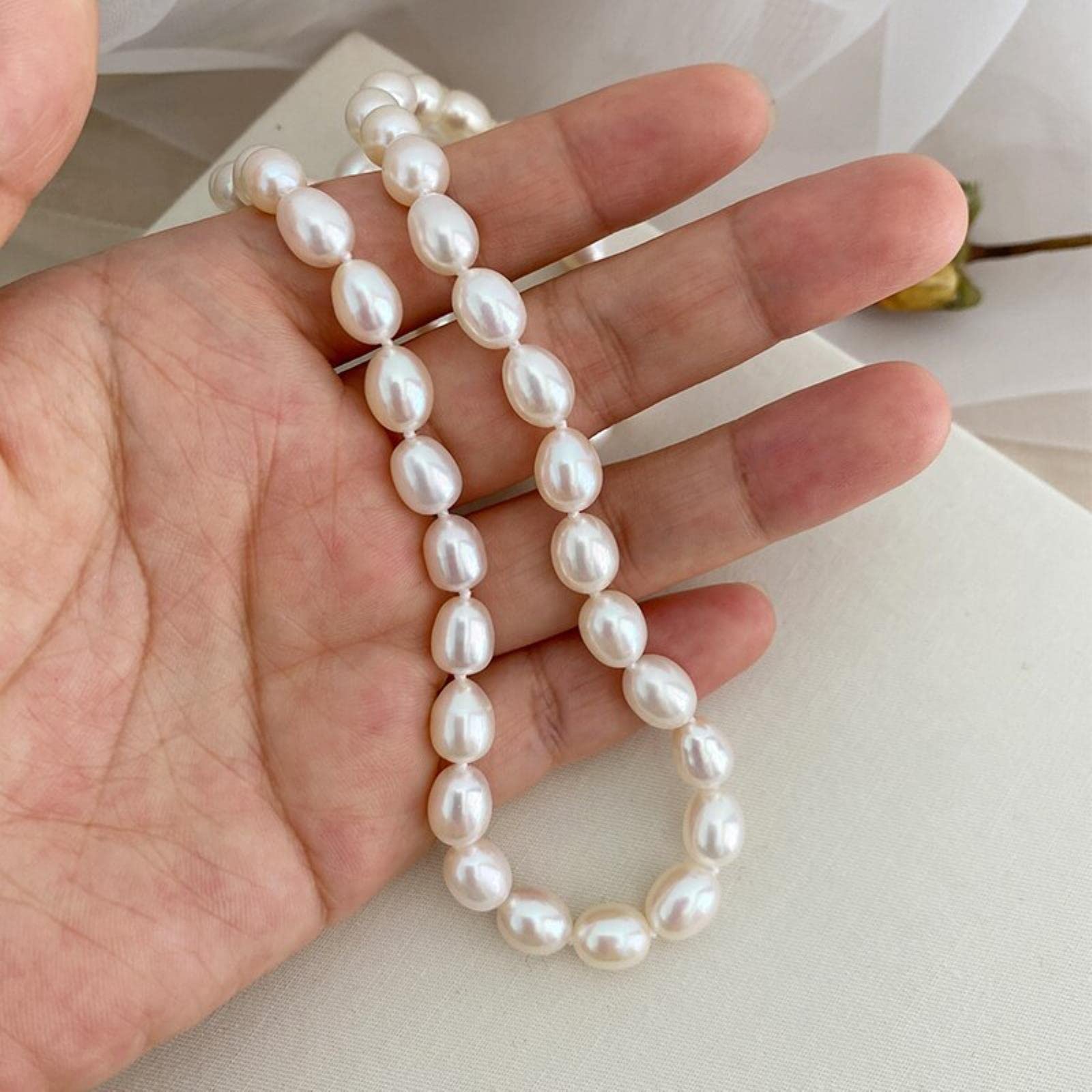 Collar De Perlas Naturales De Agua Dulce De 7-8mm para Mujer, Hebilla De Plata De Ley 925 Genuina, Regalo De Joyería De Perlas Blancas En Forma De Arroz