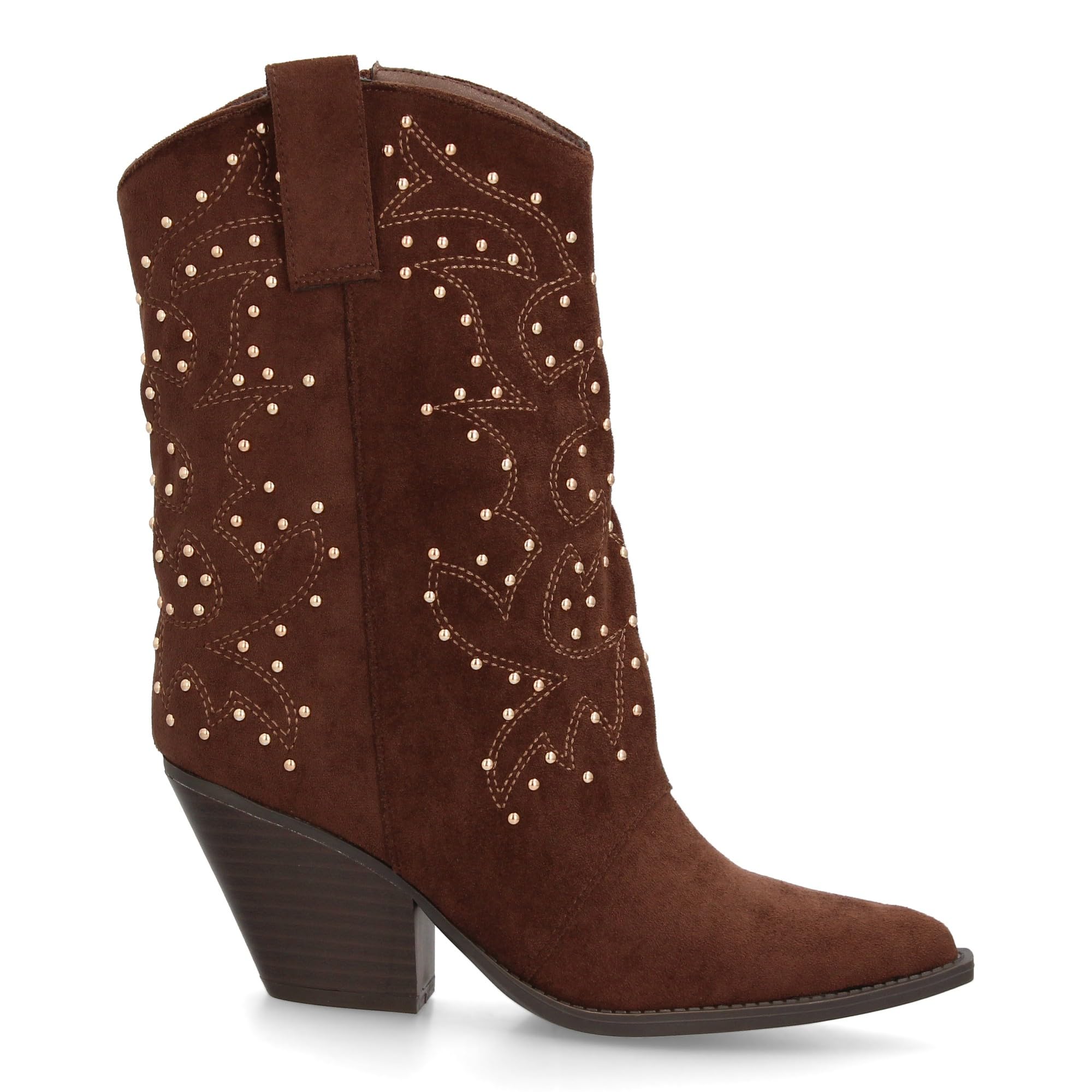 Bota Cowboy para Mujer con Diseno de Cana Media con Tachuelas metalicas. Punta Fina y Tacon Cubano. Tirador Lateral y Cierre de Cremallera. Ideal Otono Invierno.