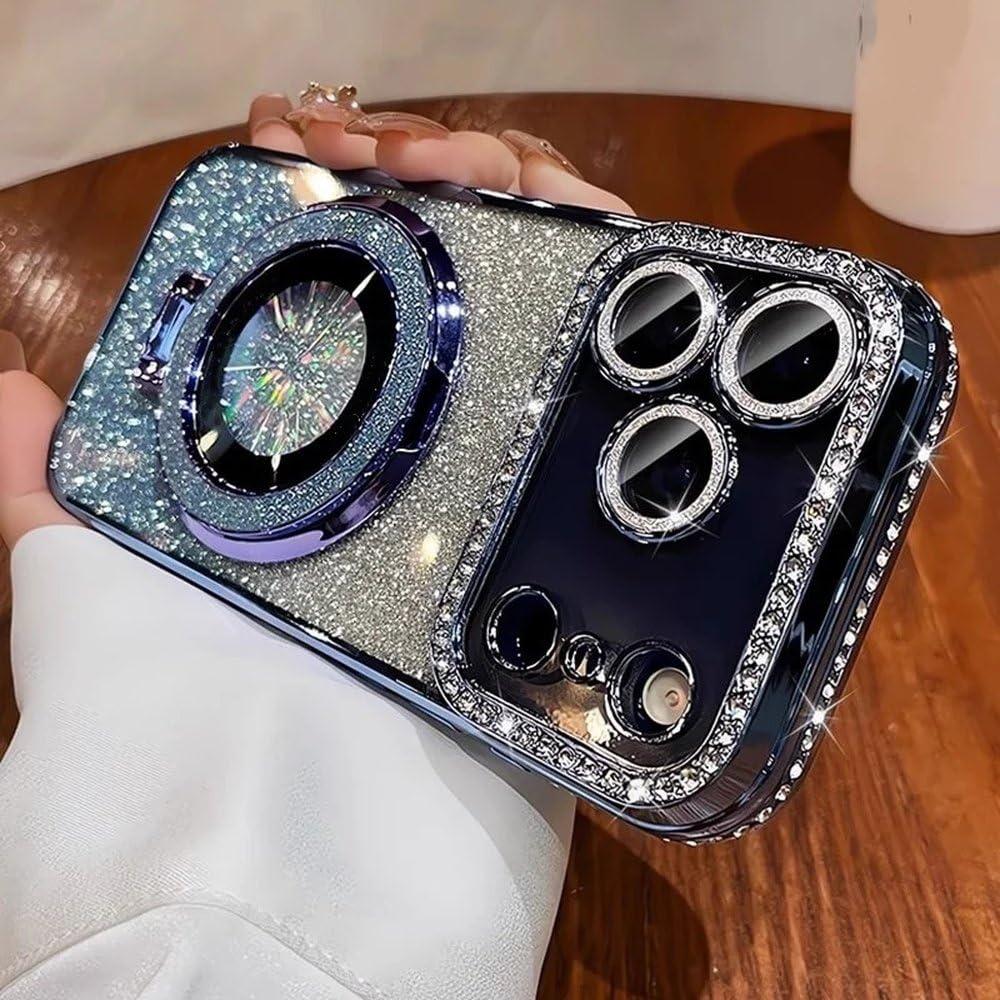 Funda magnética con Purpurina de Diamante Transparente para iPhone 17, 16, 13, 14 y 15 Pro MAX, con Soporte Protector de Lente, Color Azul, para iPhone 16