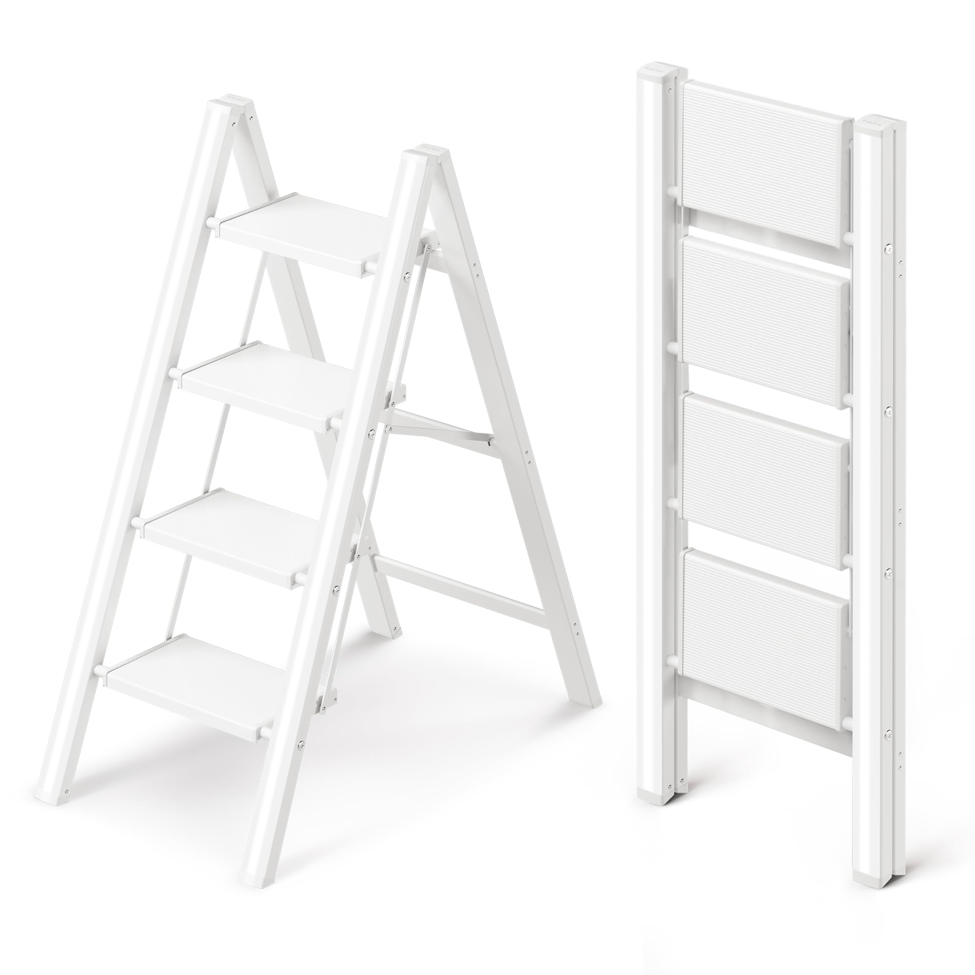 Escalera de 4 escalones, taburete plegable con pedal ancho antideslizante, material de aluminio ligero pero resistente, carga de 150 kg, bonito aspecto moderno para espacios interiores del