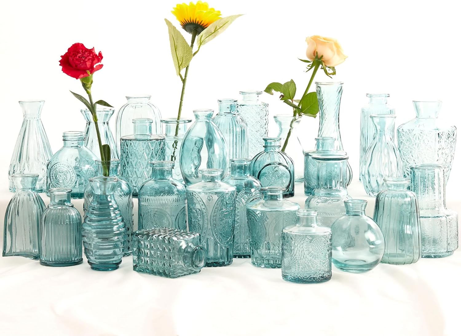 Blue Glass Bud Vases Set 30,Vases in Bulk,Small Vases Bulk for Flowers,Glass Vases
