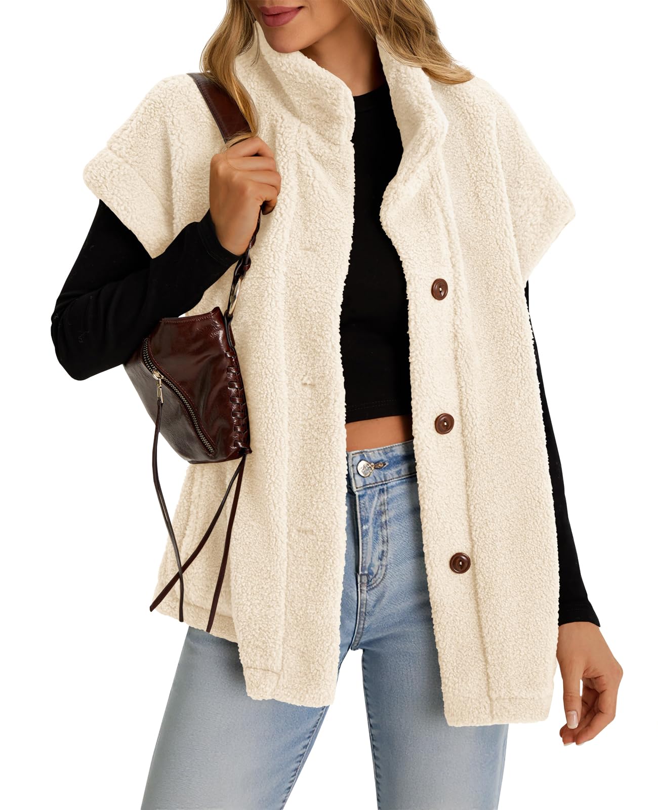 Tanakneo - Gilet oversize da donna, in pile, senza maniche, peloso, alla moda, casual, con bottoni