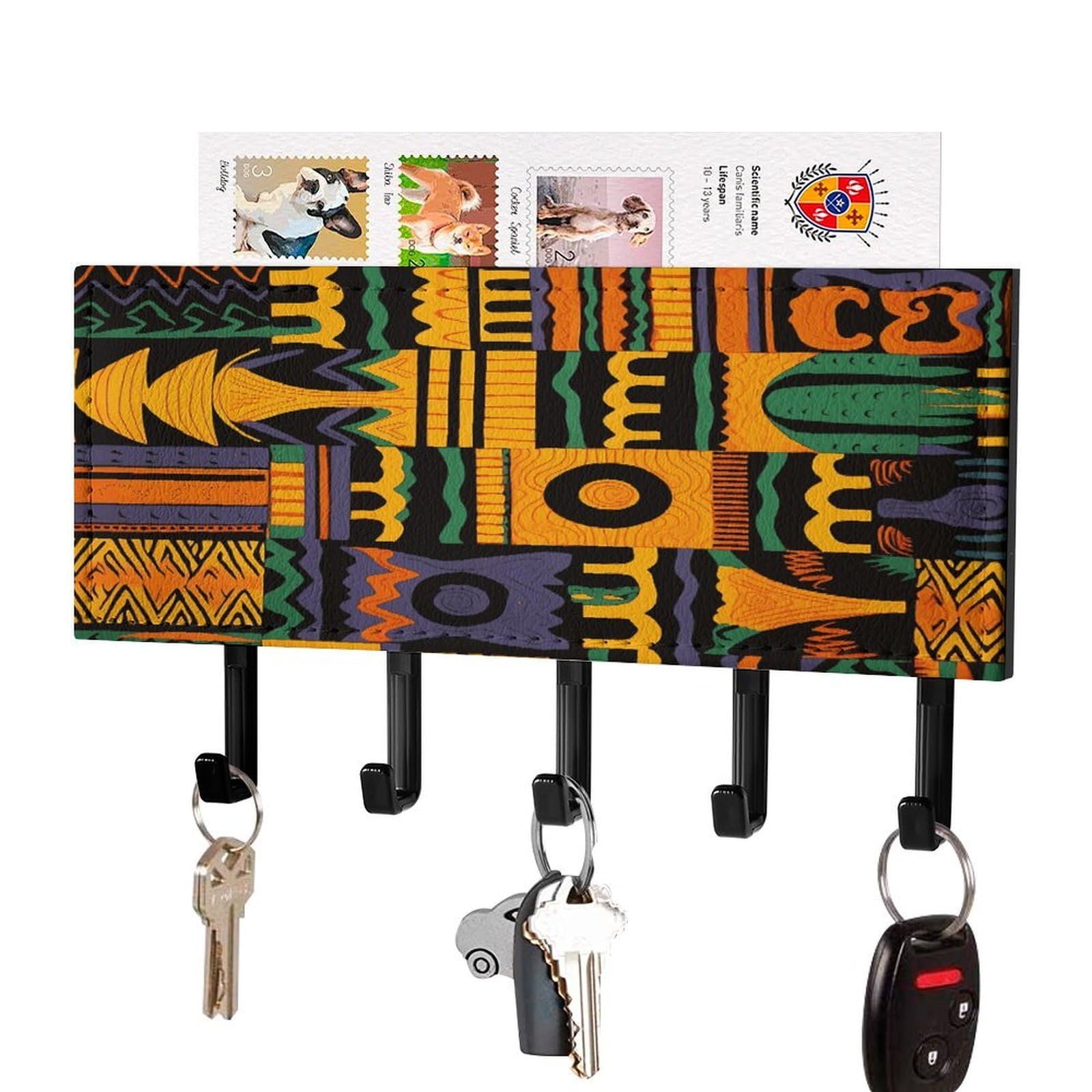 FekiLoot African Ethnic Pattern1 Key Holder Wall Mount Key and Mail Holder Key Hanger with 5 Hooks Decorative PU Key Rack Hanging Key Hooks for Wall Living Room Kitchen Bathroom Hallway Black-Style